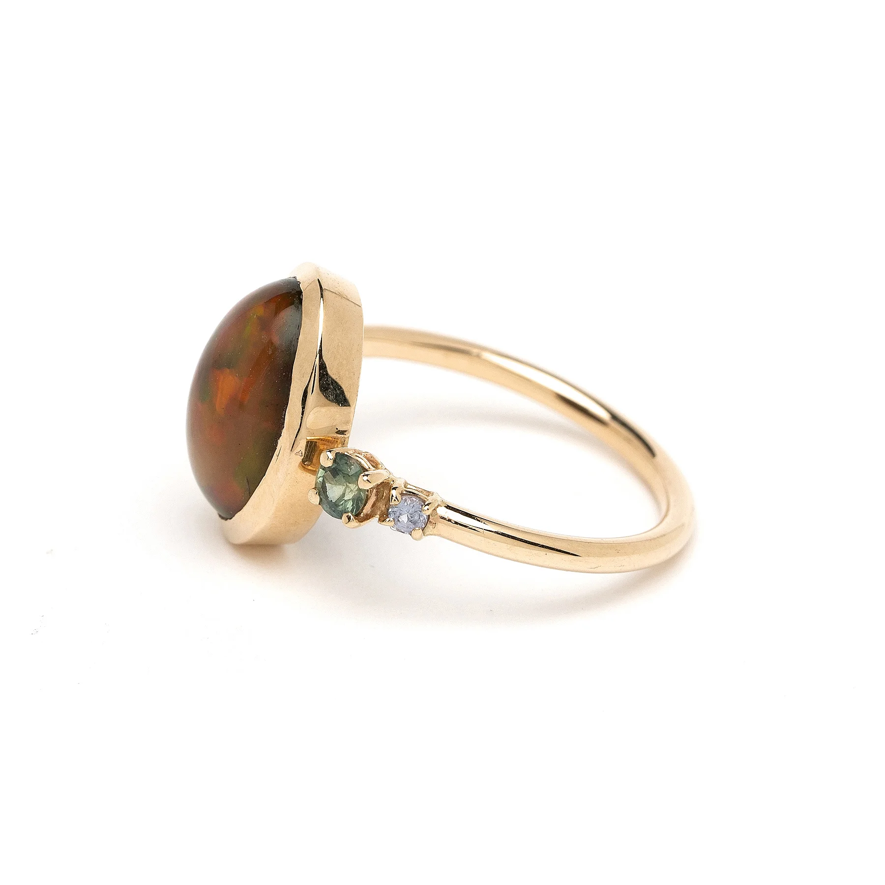 Fire Opal Pale Green Blue Sapphire YG Ring Side.jpg