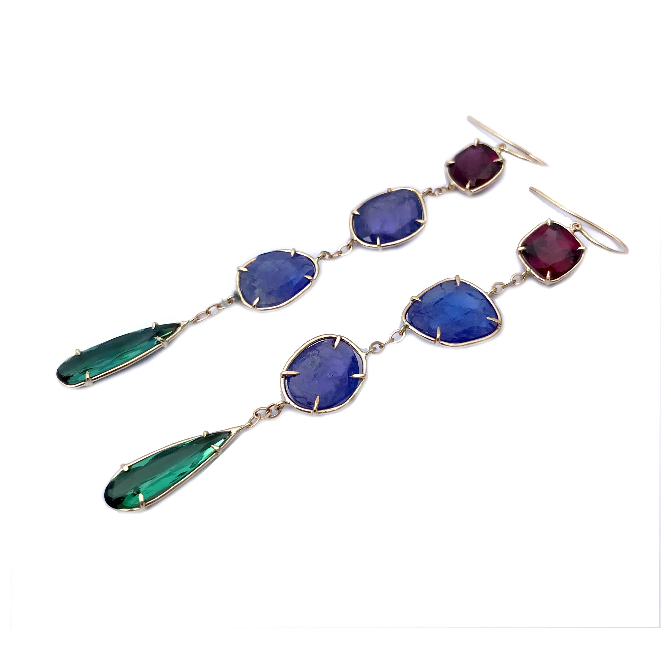 Rubelite Tanzanite Tourmaline Long Drop Earrings Side.jpg