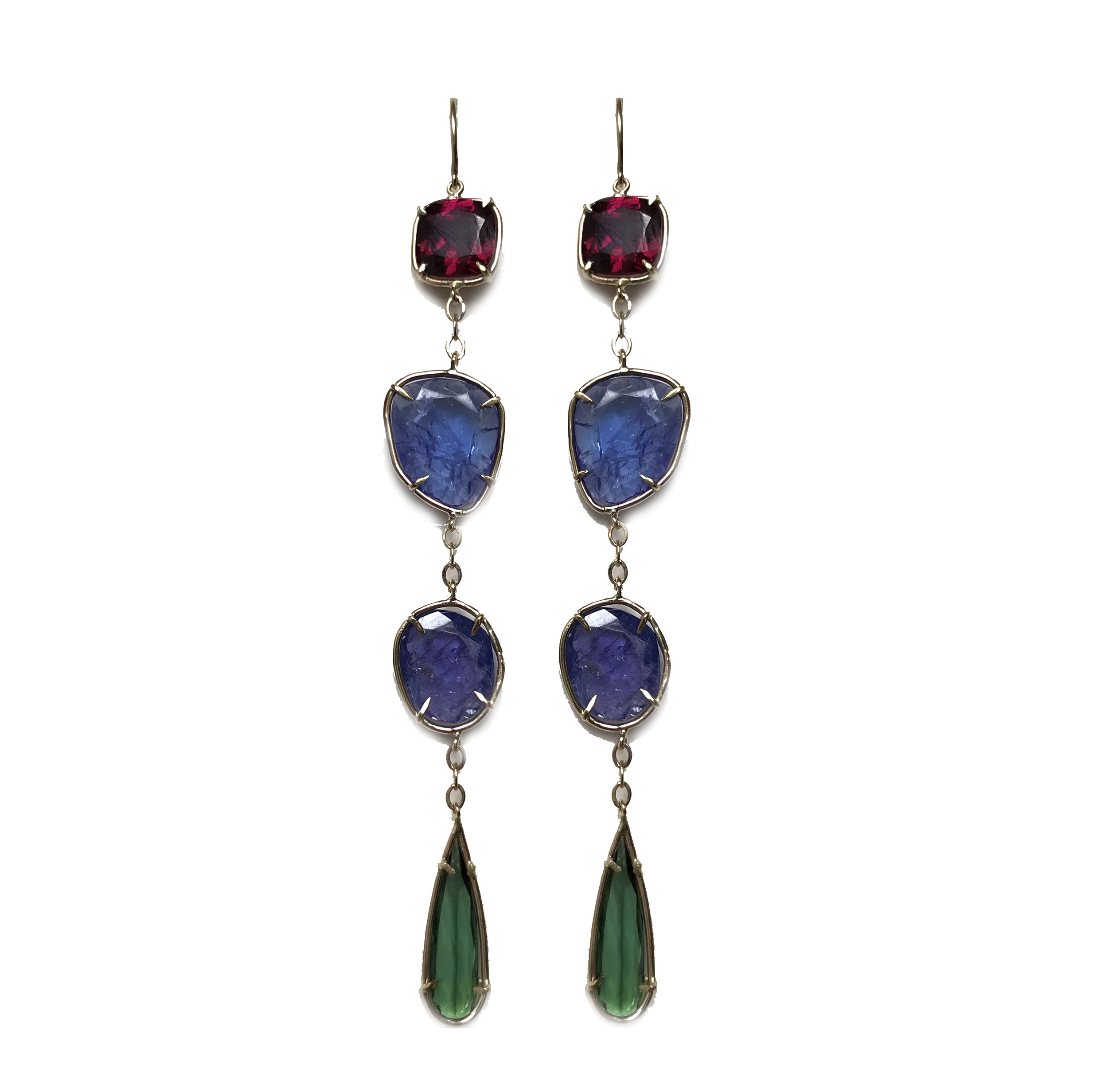 Rubelite Tanzanite Tourmaline Long Drop Earrings Front.jpg