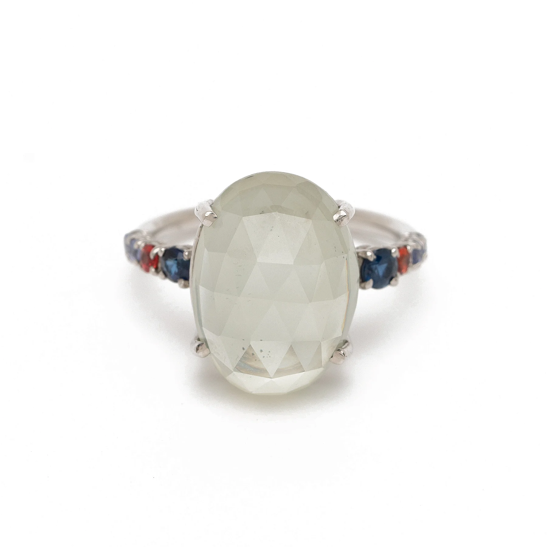 Rosecut Moonstone + Sapphire Ring