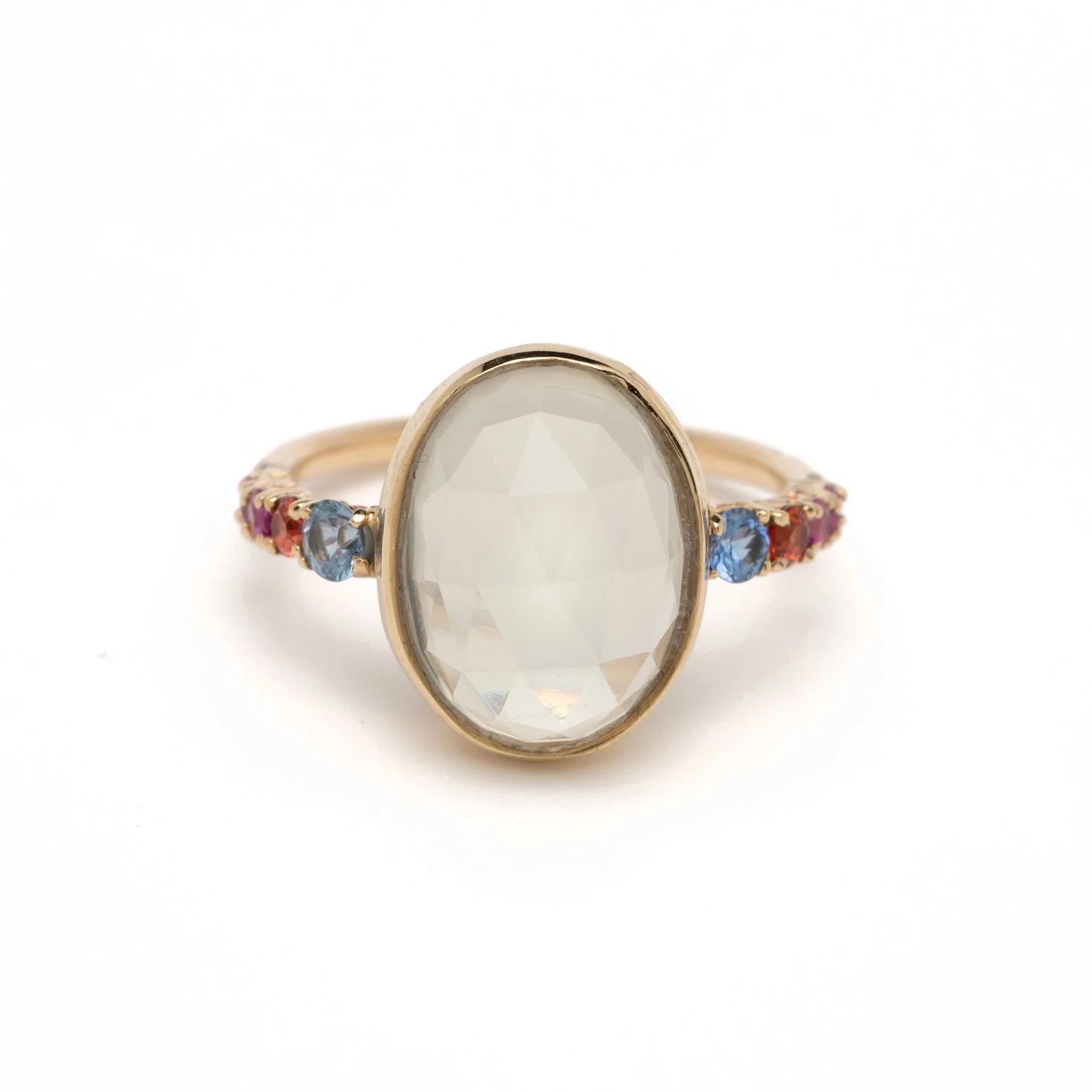 Small Rosecut Moonstone + Sapphire Ring