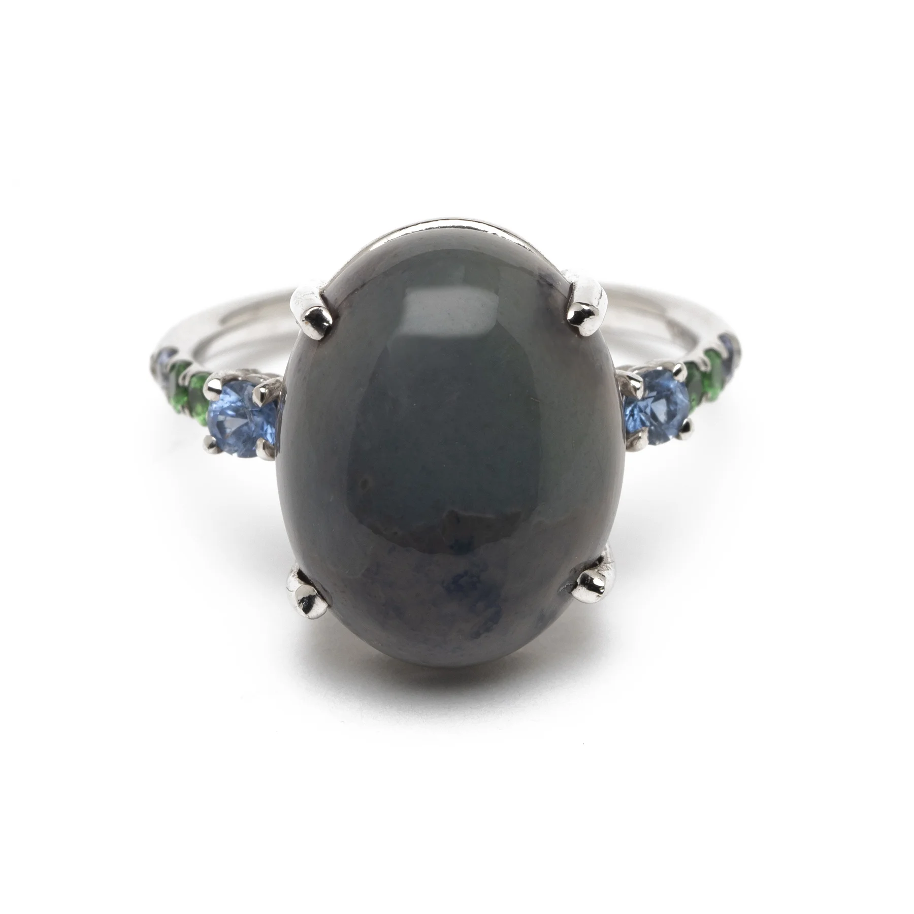 Blue Opal Cabochon + Sapphire + Emerald + Aquamarine Ring