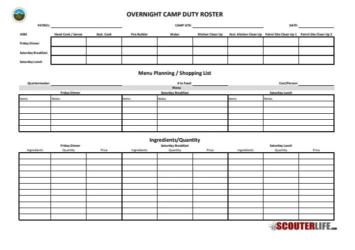Overnight Campout Duty Roster ScouterLife