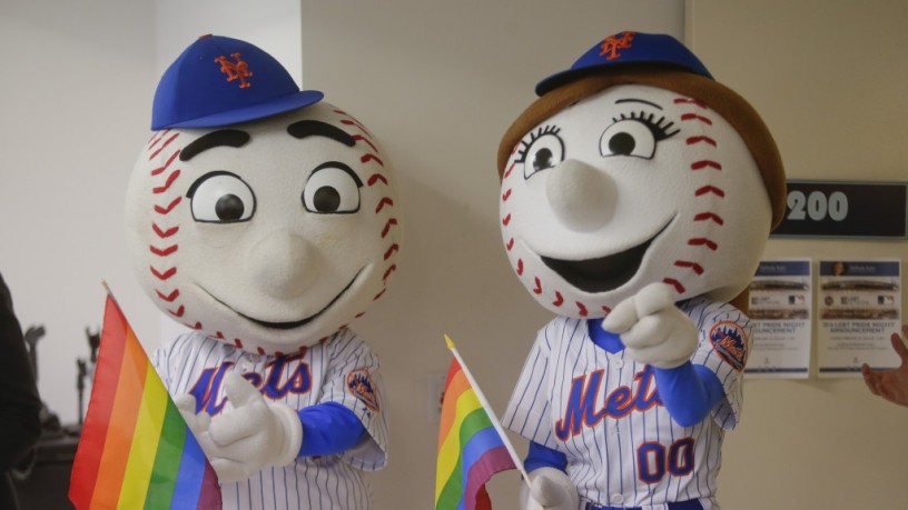 New York Mets mascots Mr. and Mrs. Met attend a news conference to announce the official LGBT Pride Night hosted by the New York Mets Tuesday, Feb. 23, 2016, in New York. Billy Bean, MLB's Vice President of Inclusion and Social Responsibility, has worked closely with Sonoma Stompers pitcher Sean Conroy. The two will be at the 2016 Diversity Business Summit in Phoenix, Ariz. in March, 2016. Frank Franklin II/AP