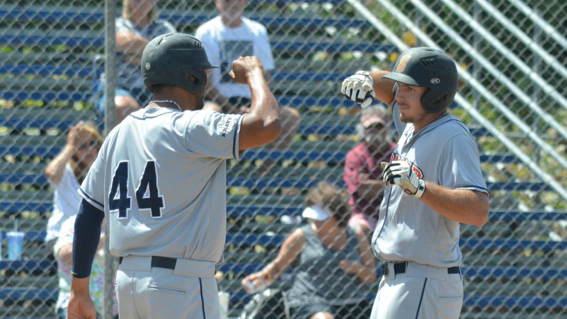 Kristian Gayday celebrates his 3-run homer with Daniel Baptista. James Toy III/Sonoma Stompers