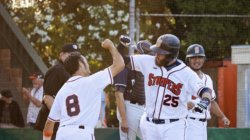 Isaac Wenrich celebrates his grand slam with Yuki Yasuda that was part of Sonoma's seven-run fifth inning on Tuesday night. Danielle Putonen/Sonoma Stompers