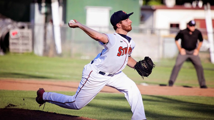 Sonoma Stompers pitcher Sean Conroy, the first openly gay professional baseball player, throws during a minor league baseball game against Vallejo Admirals on Pride Night in Sonoma, Calif., on June 25. James Toy III/Sonoma Stompers, AP