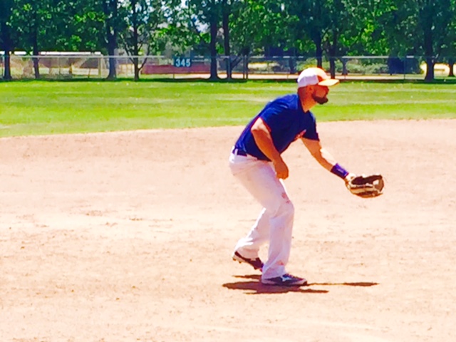 Third basemen Caleb Bryson getting into defensive position at Peterson Field in Sonoma, California. Geoff Safford/ Sonoma Stompers
