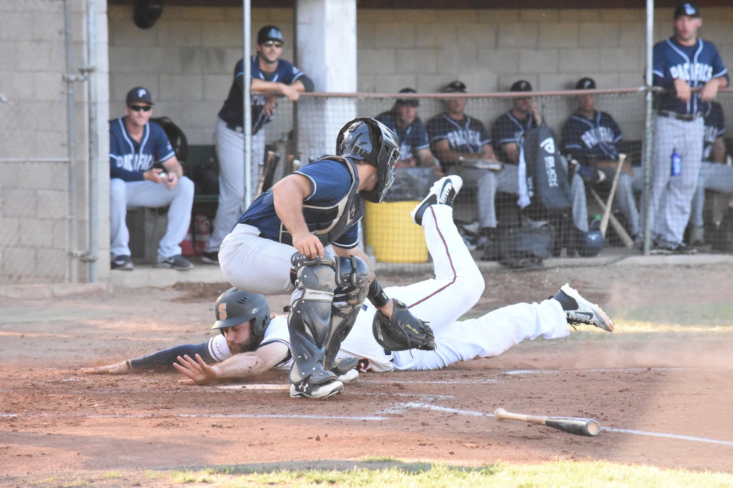 Isaac Wenrich scores the second run in Thursday's 9-5 victory over the San Rafael Pacifics at Peoples Home Equity Ballpark at Arnold Field. (James W. Toy III / Sonoma Stompers)