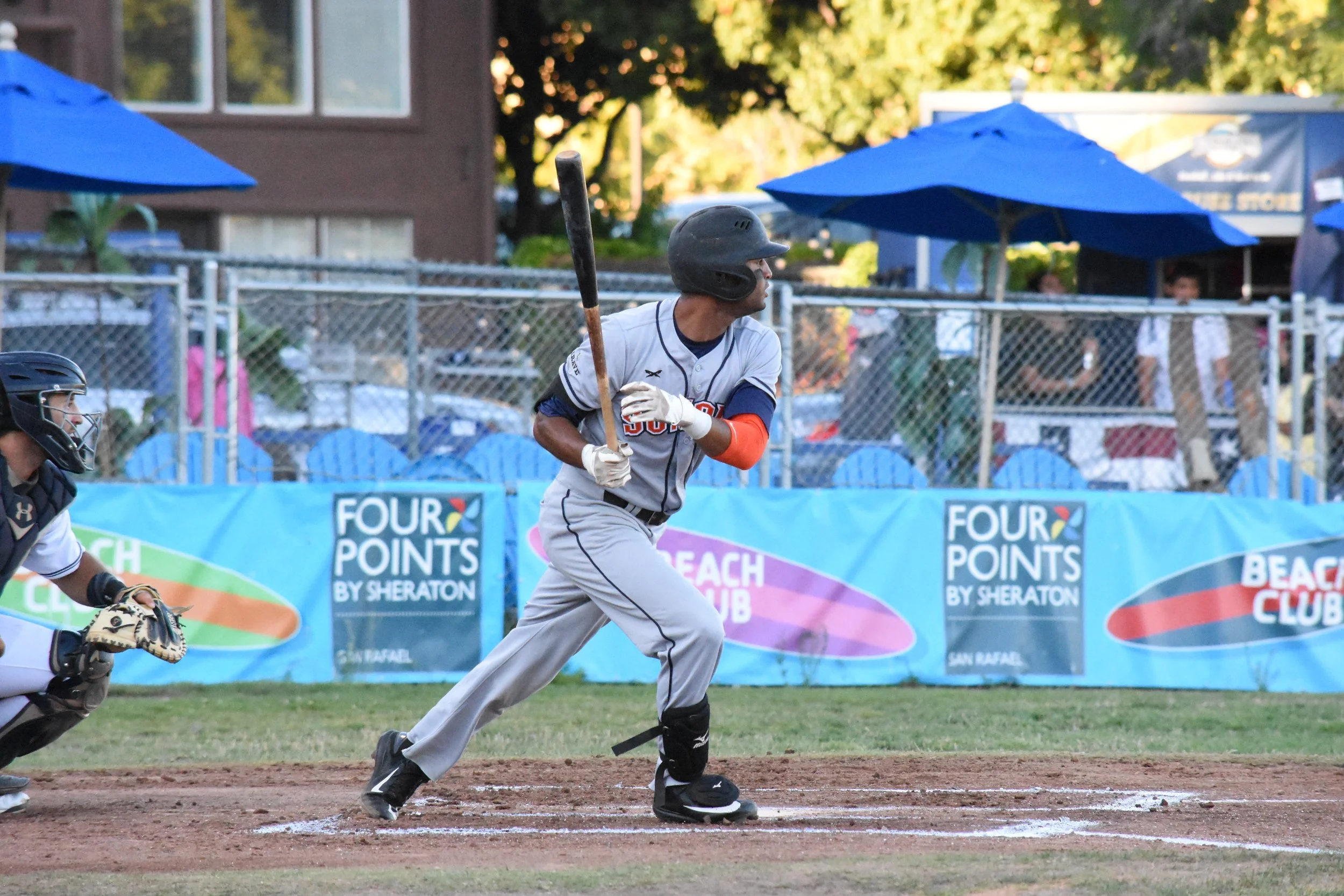 Marcus Bradley went 2 for 2 with three walks in Wednesday’s 8-7 loss to the San Rafael Pacifics at Albert Park. (James W. Toy III / Sonoma Stompers)
