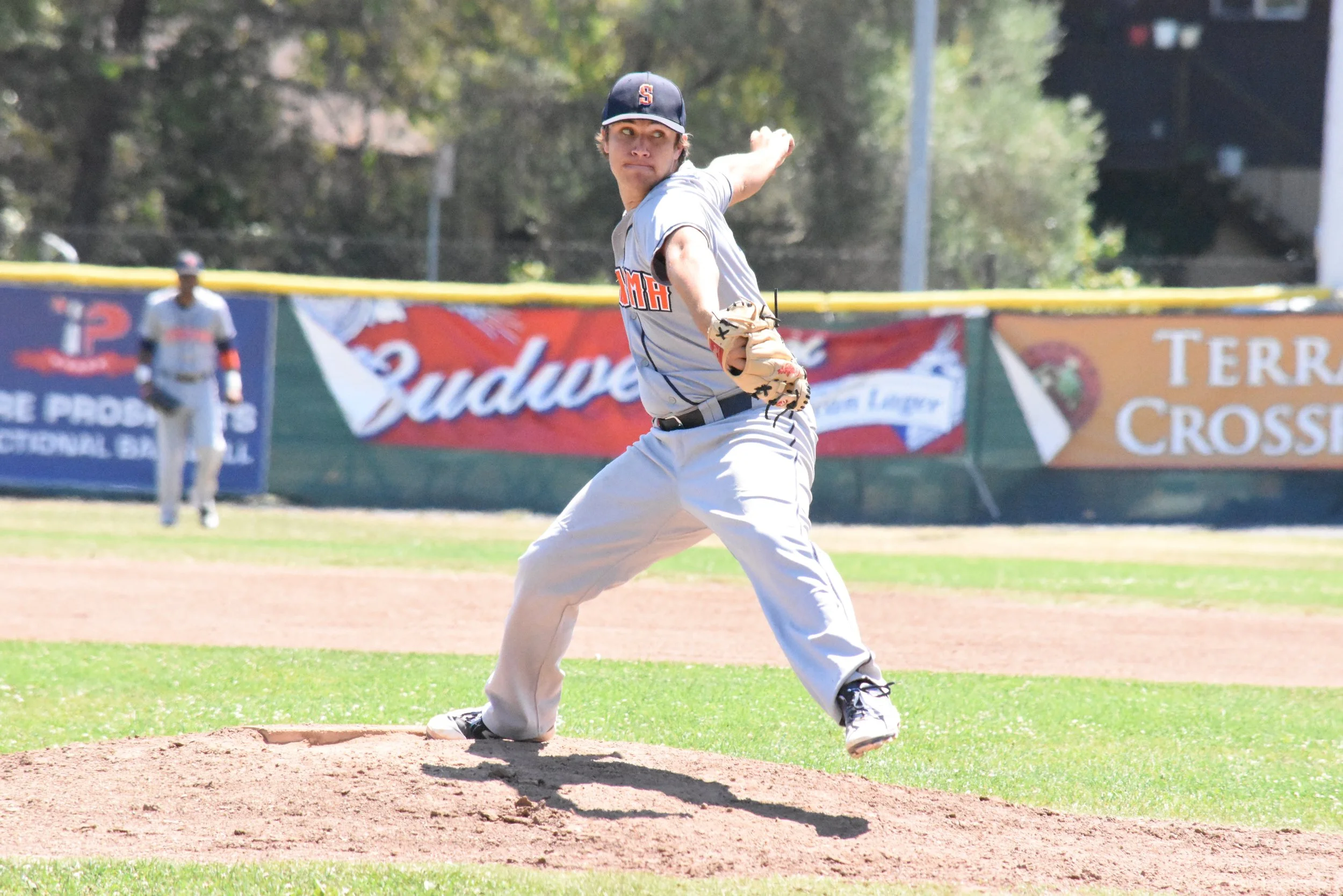 Starter Taylor Thurber struck out nine in seven and one-thirds innings pitched in Sunday's 7-6 loss to the San Rafael Pacifics at Albert Park. (James W. Toy III / Sonoma Stompers)