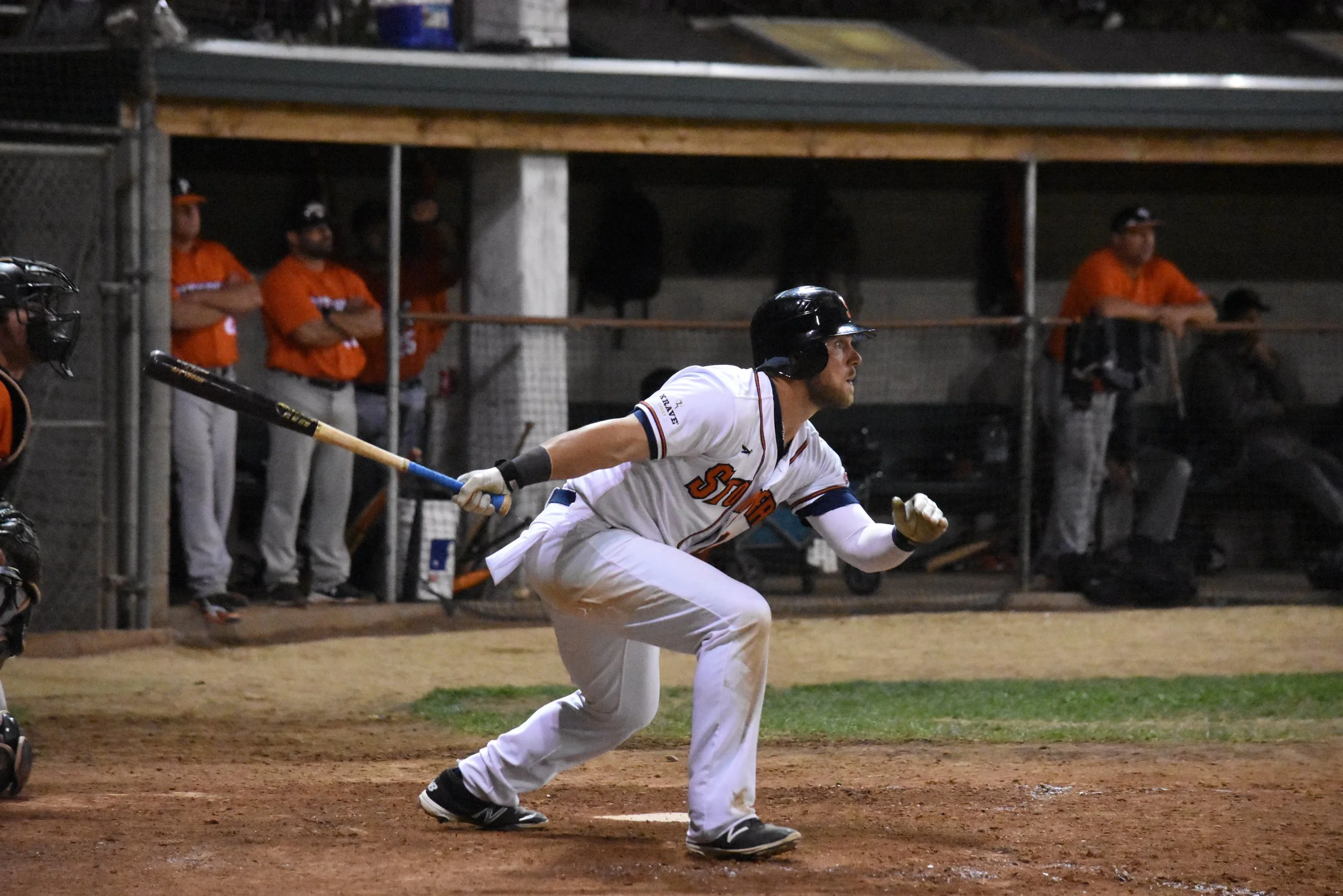 Scott David gave the Sonoma Stompers the lead with a three-run triple in the eighth inning of Saturday’s 11-7 comeback win over the Pittsburg Diamonds. (James W. Toy III / Sonoma Stompers)