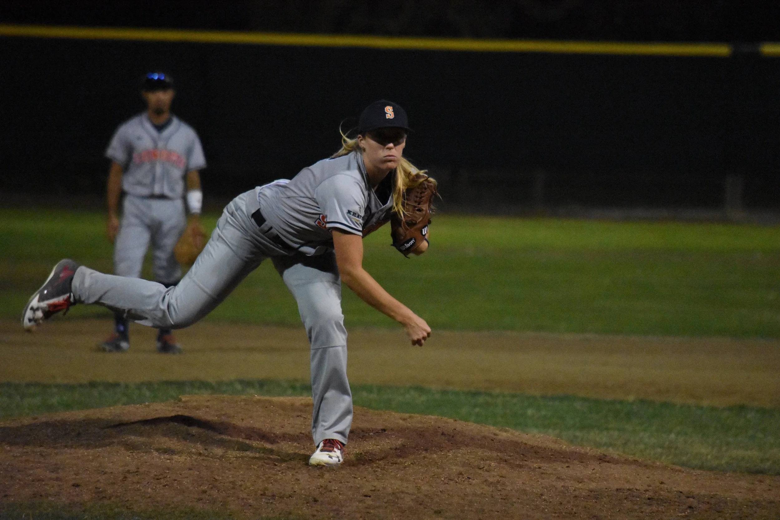 Stacy Piagno pitched a scoreless inning of work in Wednesday's 13-6 loss to the Vallejo Admirals at Wilson Park. (James W. Toy III / Sonoma Stompers)