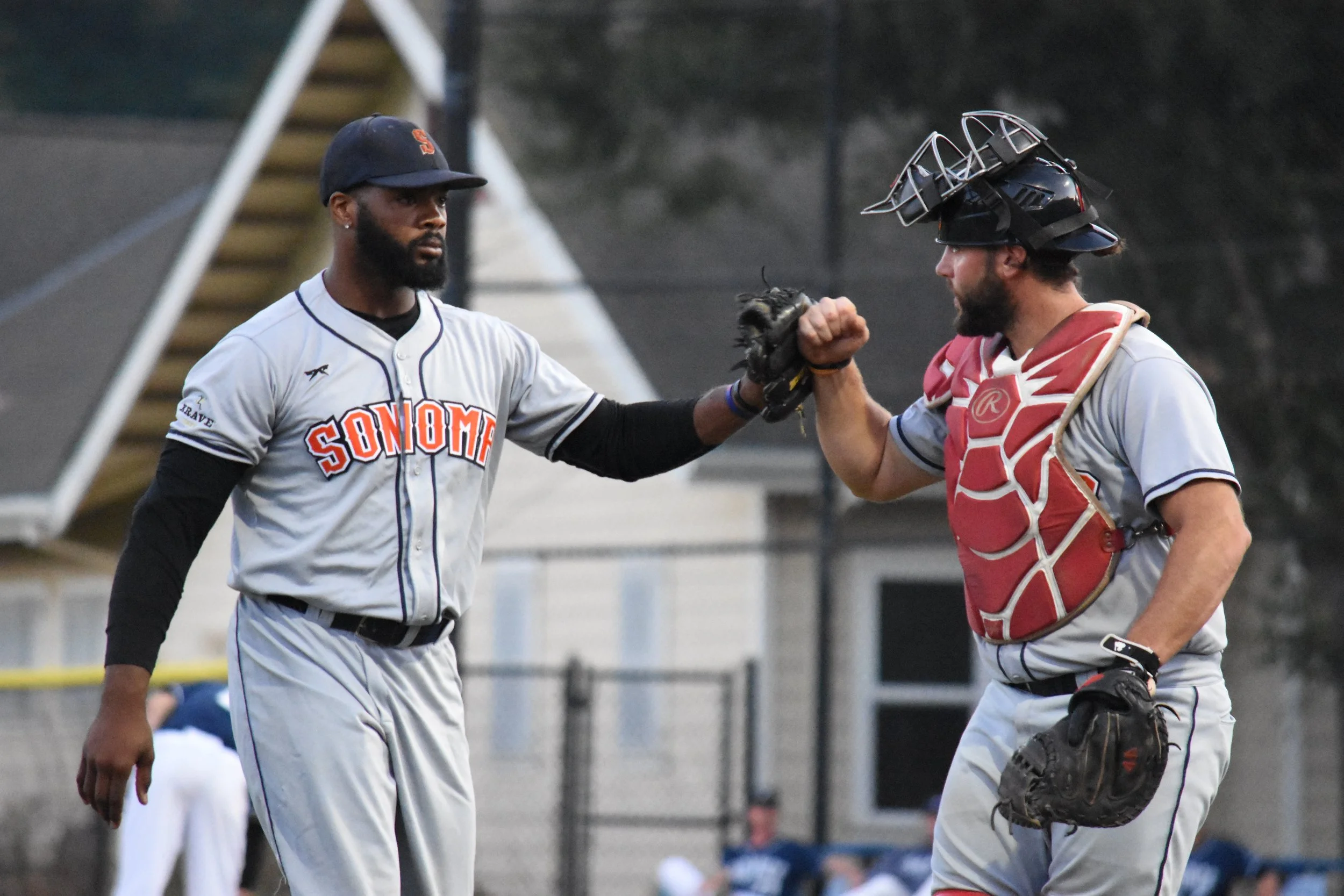 Ty'Relle Harris (left) returned to the mound for the Stompers and pitched five innings of scoreless ball in Sonoma's 6-5 loss to the San Rafael Pacifics in extras. (James W. Toy III / Sonoma Stompers)