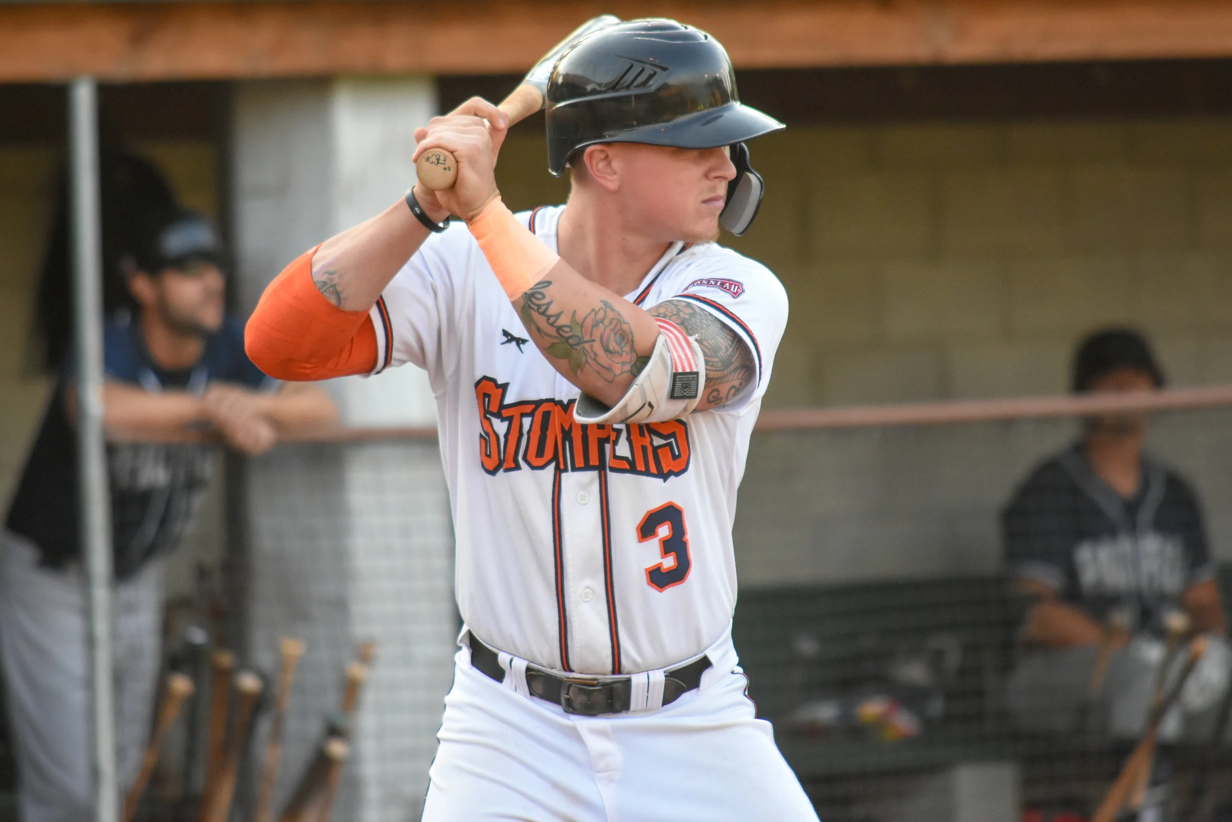 Kam Stewart bats in the third inning of the Sonoma Stompers game against the San Rafael Pacifics on Tuesday, July 3rd. (James W. Toy III / Sonoma Stompers)