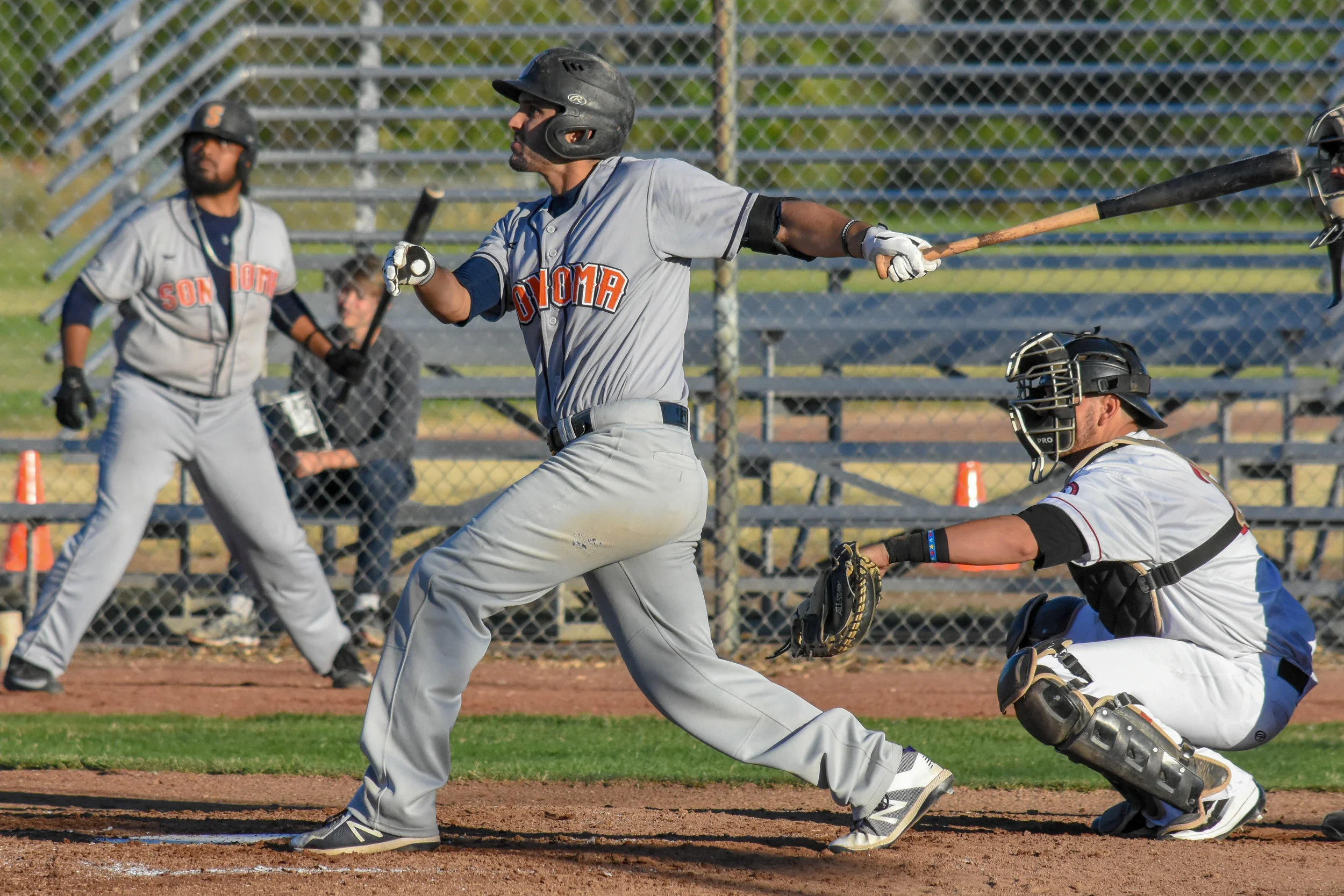 Kenny Meimerstorf follows through on his team-leading 12th home run of the season, a two-run shot in the fourth inning on July 10, 2018 (James W. Toy III / Sonoma Stompers)