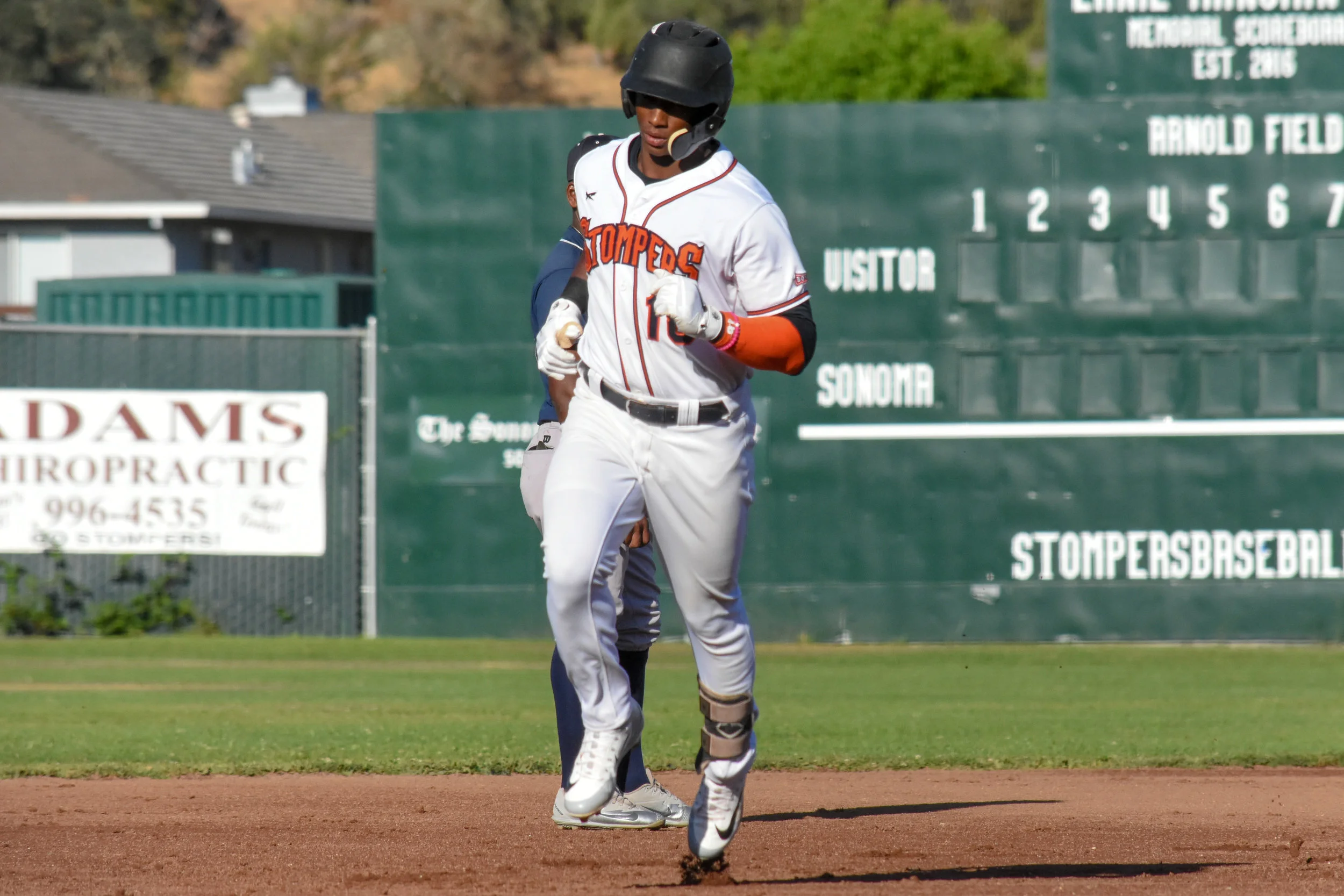 Miles Williams circles the bases after hitting a two-run home run in the first inning of the Sonoma Stompers game against the San Rafael Pacifics, July 13, 2018. (James W. Toy III / Sonoma Stompers)