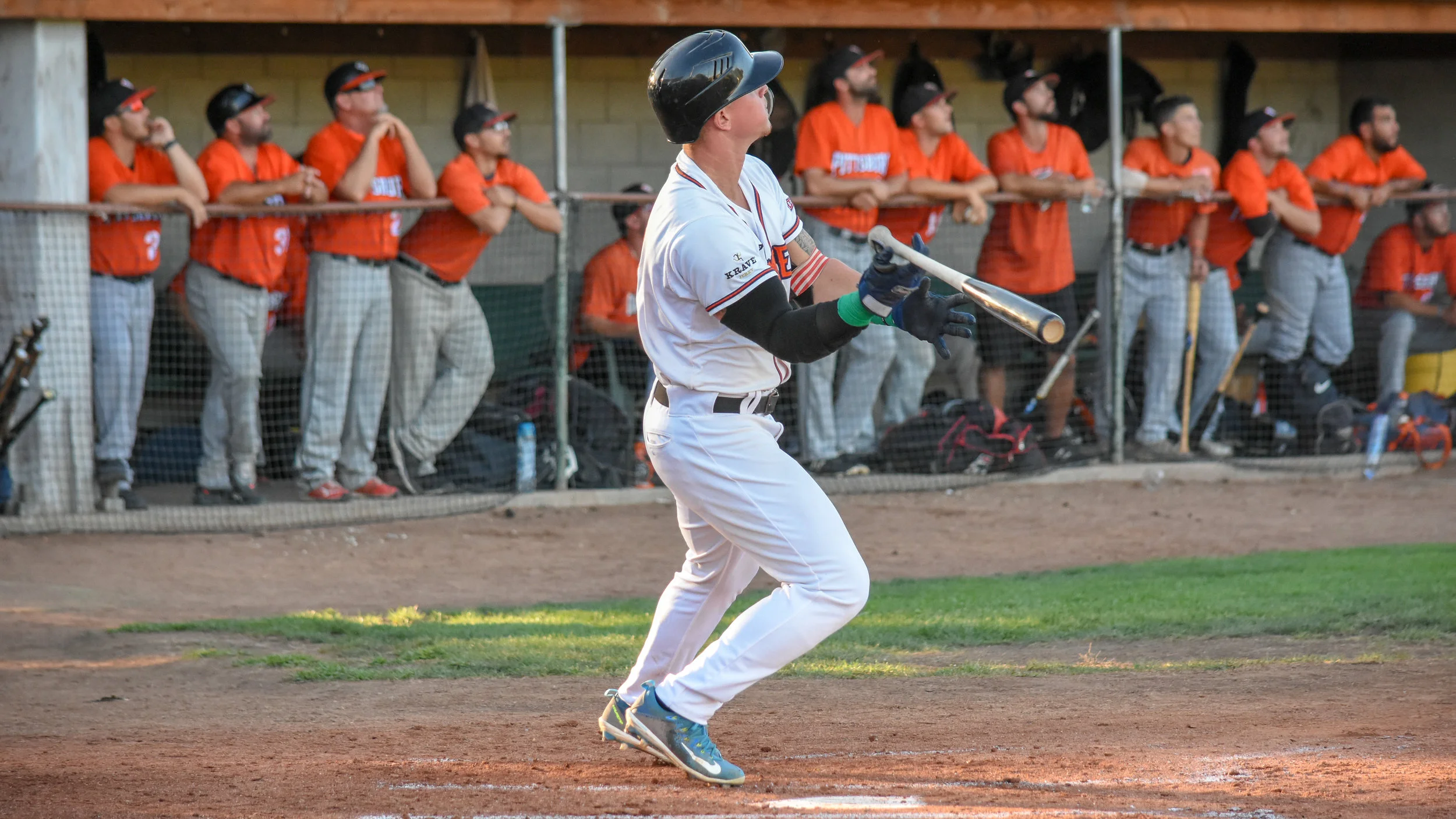 Kam Stewart follows through on his three-run home run in the second inning of the Sonoma Stompers game against the Pittsburg Diamonds, August 17, 2018 in Sonoma, Calif.(James W. Toy III / Sonoma Stompers)