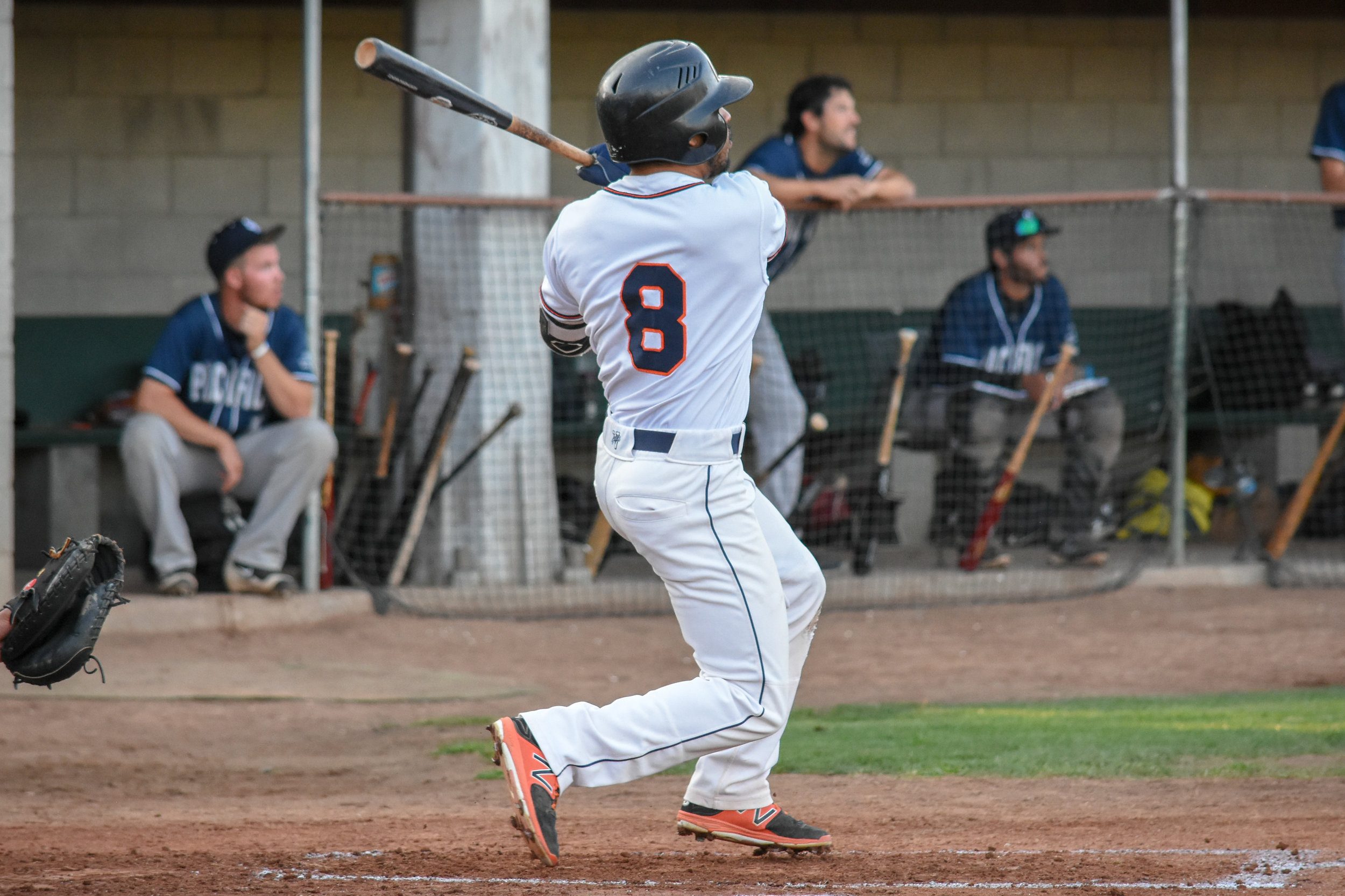 Rayson Romero follows through on his home run in the second inning of the Sonoma Stompers game against the San Rafael Pacifics, August 30, 2018 in Sonoma, Calif.(James W. Toy III / Sonoma Stompers)