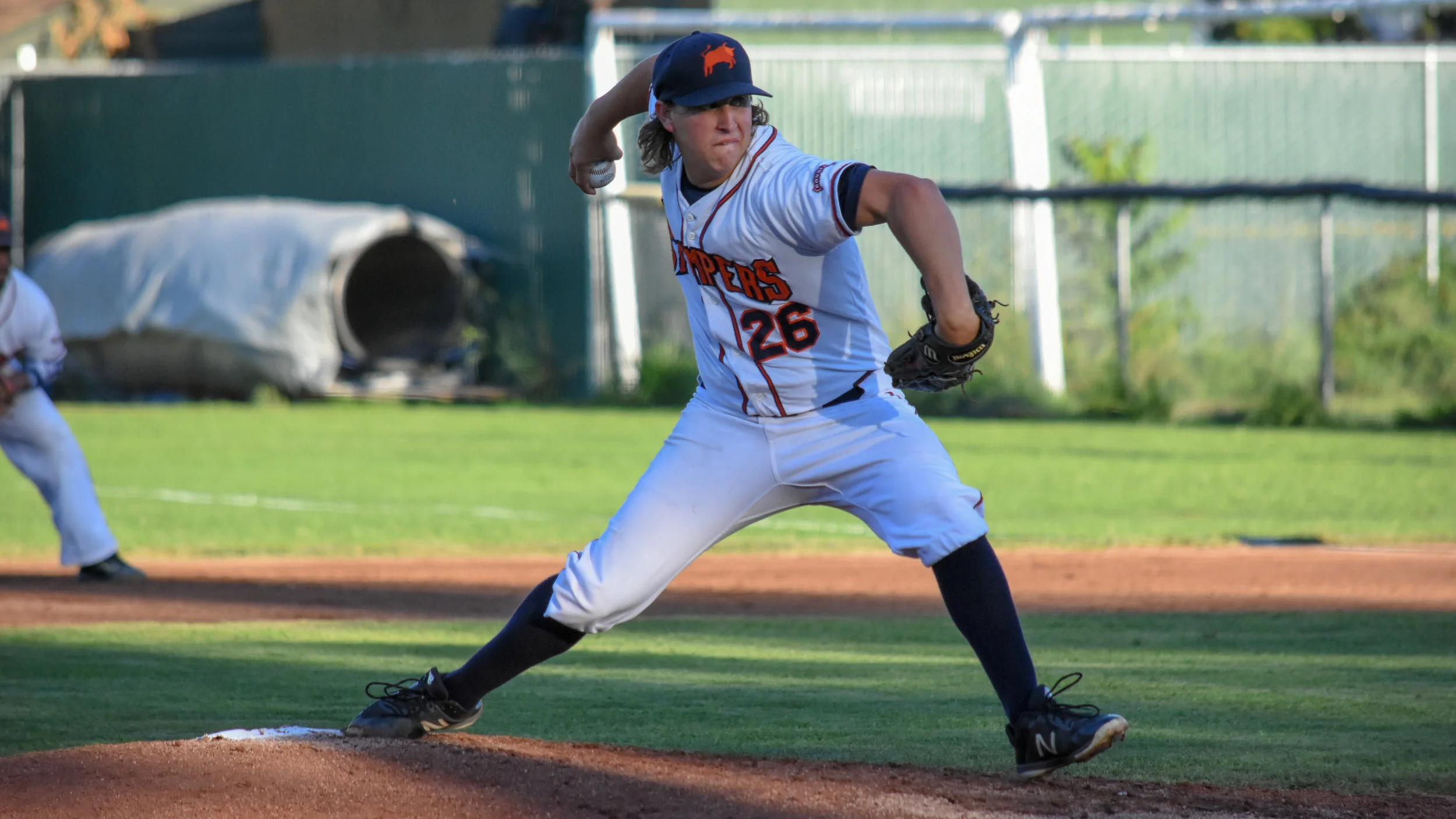 Joseph Broderick throws a pitch in the third inning of the Sonoma Stompers game against the San Rafael Pacifics, August 31, 2018 in Sonoma, Calif.(James W. Toy III / Sonoma Stompers)