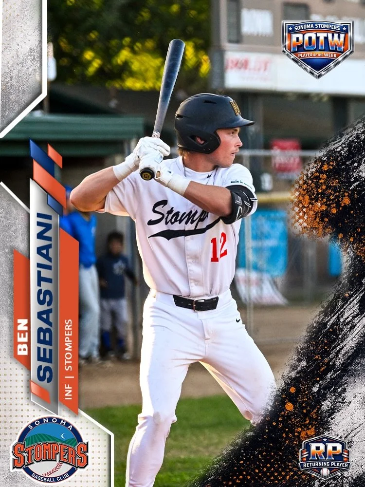 This week&rsquo;s POTW: Ben Sebastiani 🏆
Congratulations, @bensebastiani ‼️🎉 ⚾️🐂

🧡💙 #SonomaStompers #StompersBaseball #GoStomps