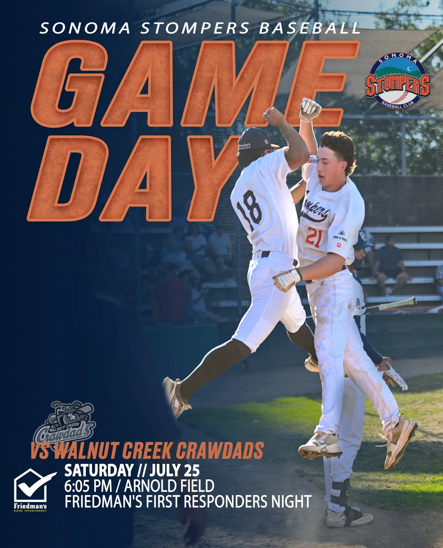 BUCKEY DAY BEST DAY ‼️
Celebrating Friedman&rsquo;s Home Improvement&rsquo;s 80th Anniversary with 80 FREE BUCKETS 🪣 🪣 

🆚 Walnut Creek Crawdads
🏡 Arnold Field
⏰ Gates open at 5:30 PM, First pitch at 6:05 PM
⚾️ Friedman&rsquo;s First Responders N