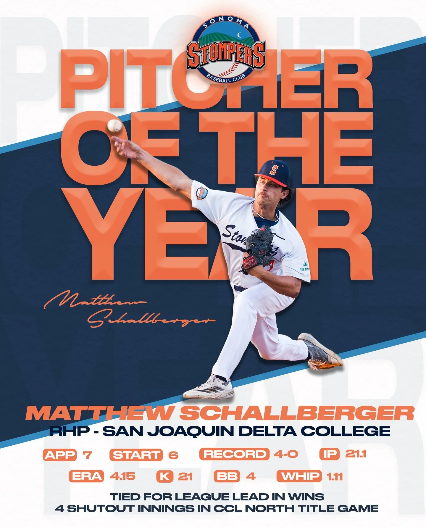 2026 Stompers Pitcher of the Year: @matthew_schallberger 🏆‼️⚾️🐂

💙🧡 #SonomaStompers #StompersBaseball #GoStomps