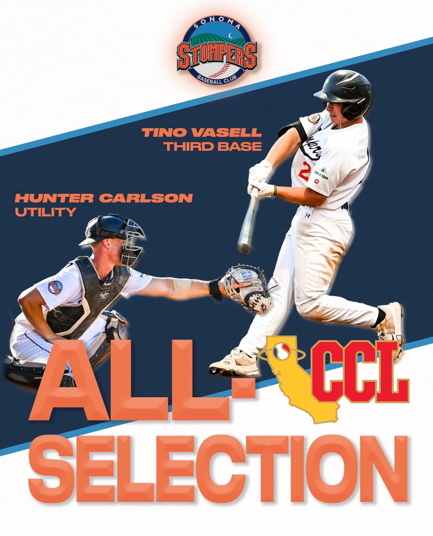 California&rsquo;s best 🤝
Congratulations to Hunter Carlson and Tino Vasell on earning All-CCL honors! 🐂⚾️💙🧡

#SonomaStompers #StompersBaseball #GoStomps