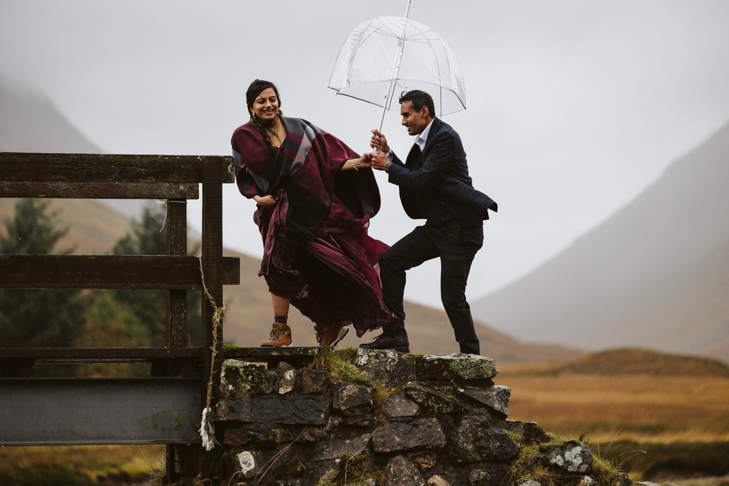 Nitika &amp; Pratik on a very windy and wet day in Glencoe. I&rsquo;m not going to lie, this was up there with some of the most challenging conditions I&rsquo;ve ever had to photograph in. Despite #stormboelo doing its best to put us off, we carried 