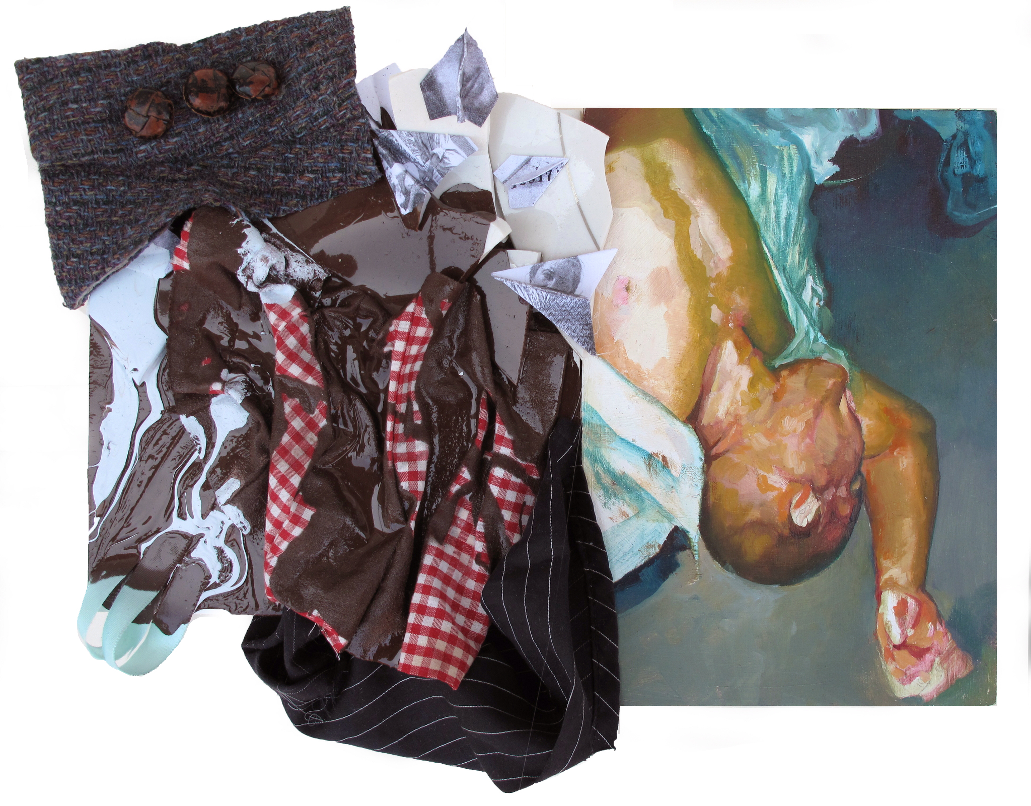 letmeloveyouright,playdeadreprised, 2012 6 x 11 inches Oil, enamel, costumes, broken plates, and paper planes made from copied Ellis Island documents on a wood panel.