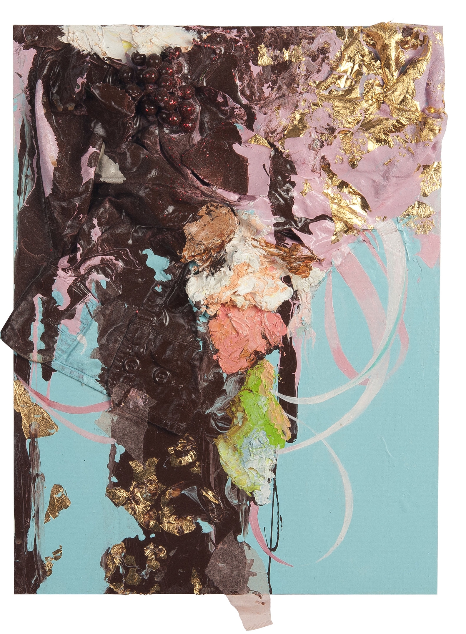 soletthemeatcake, 2013 16 x 12 inches Oil, enamel, broken plates, paper planes, and fabric on a wood panel.
