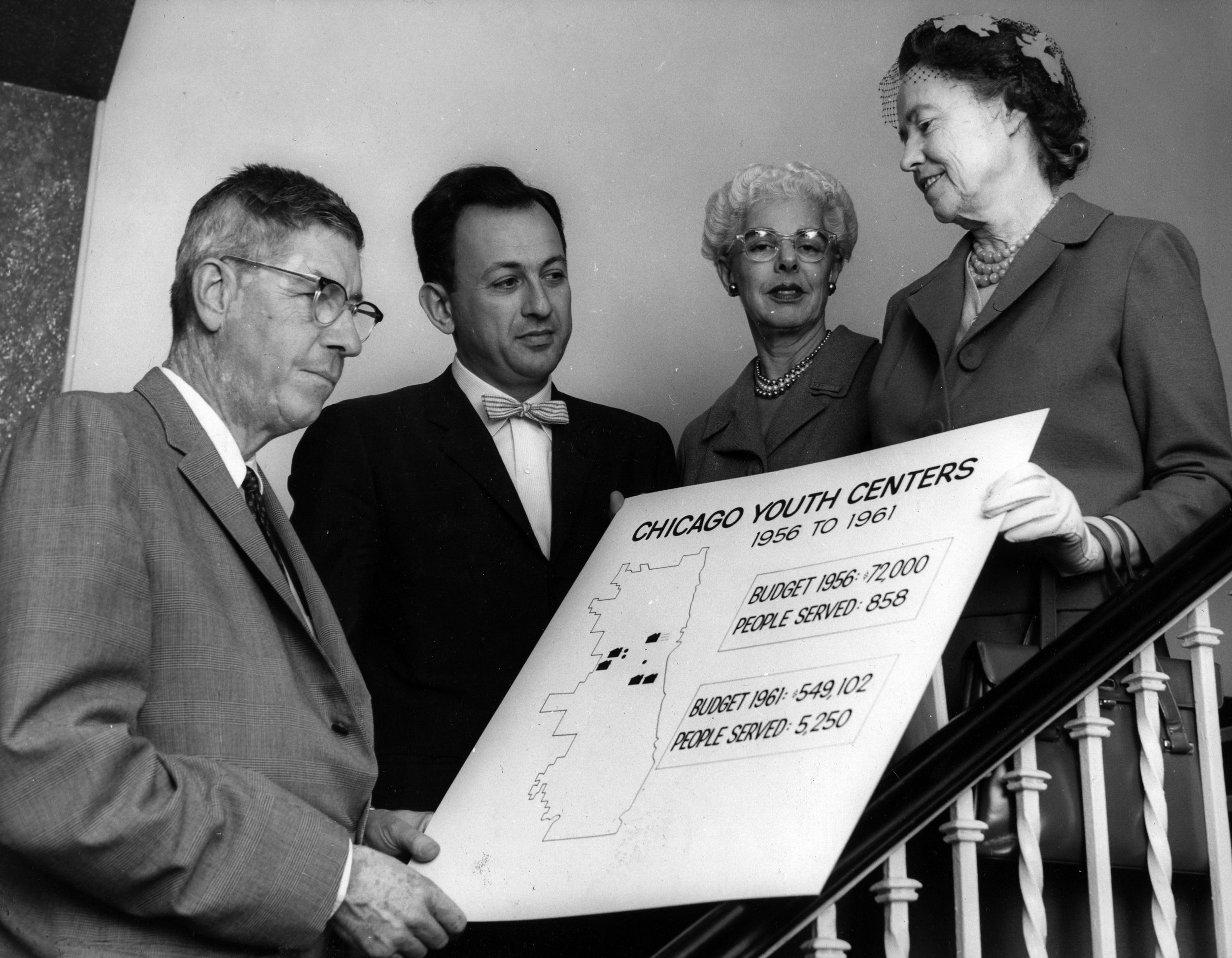 LEft to right: Elliott donnelley, sidney epstein, caroline wallerstein, and julia bowe in 1960.