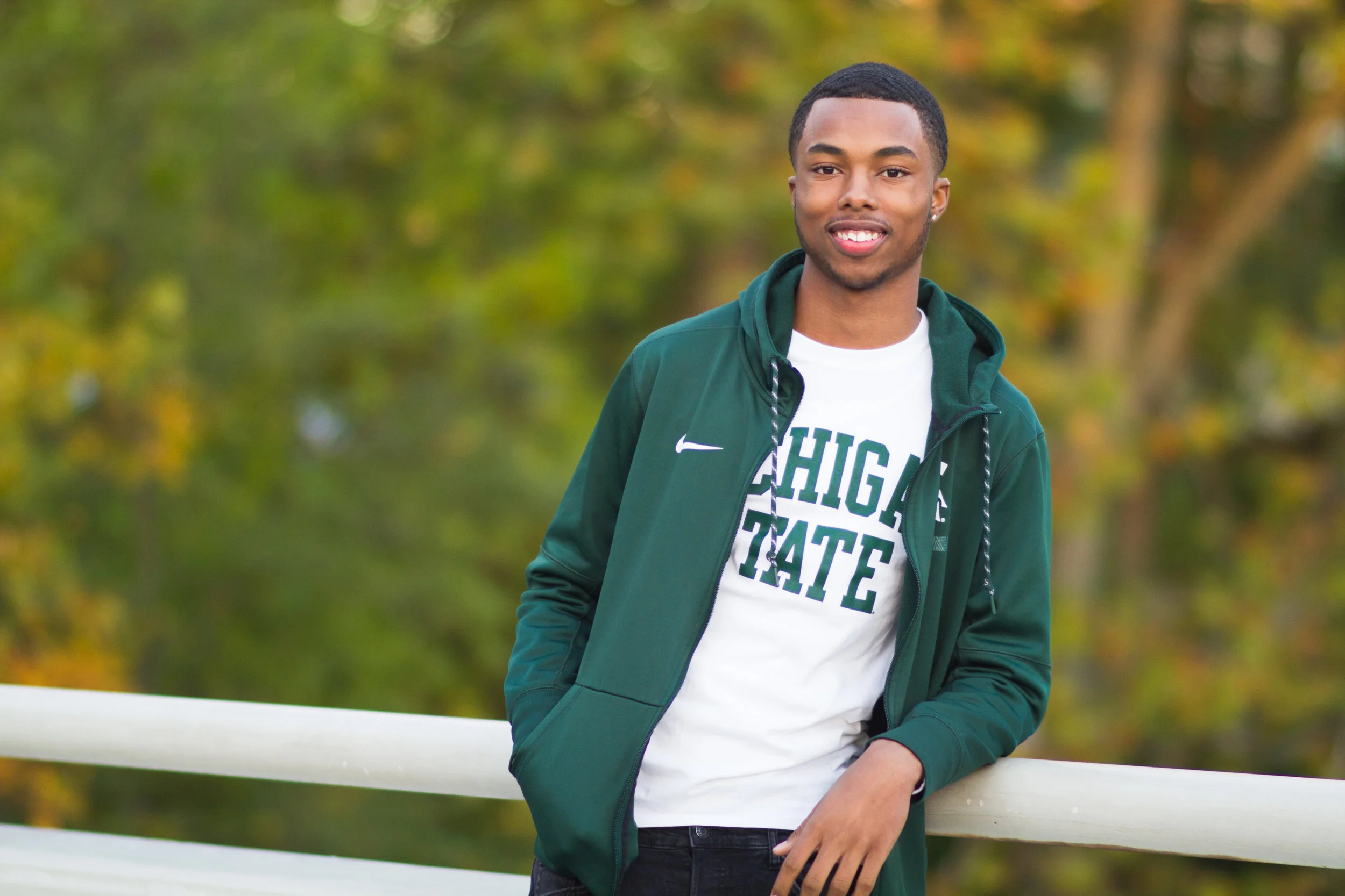 Maurice poses on the Michigan State University campus.