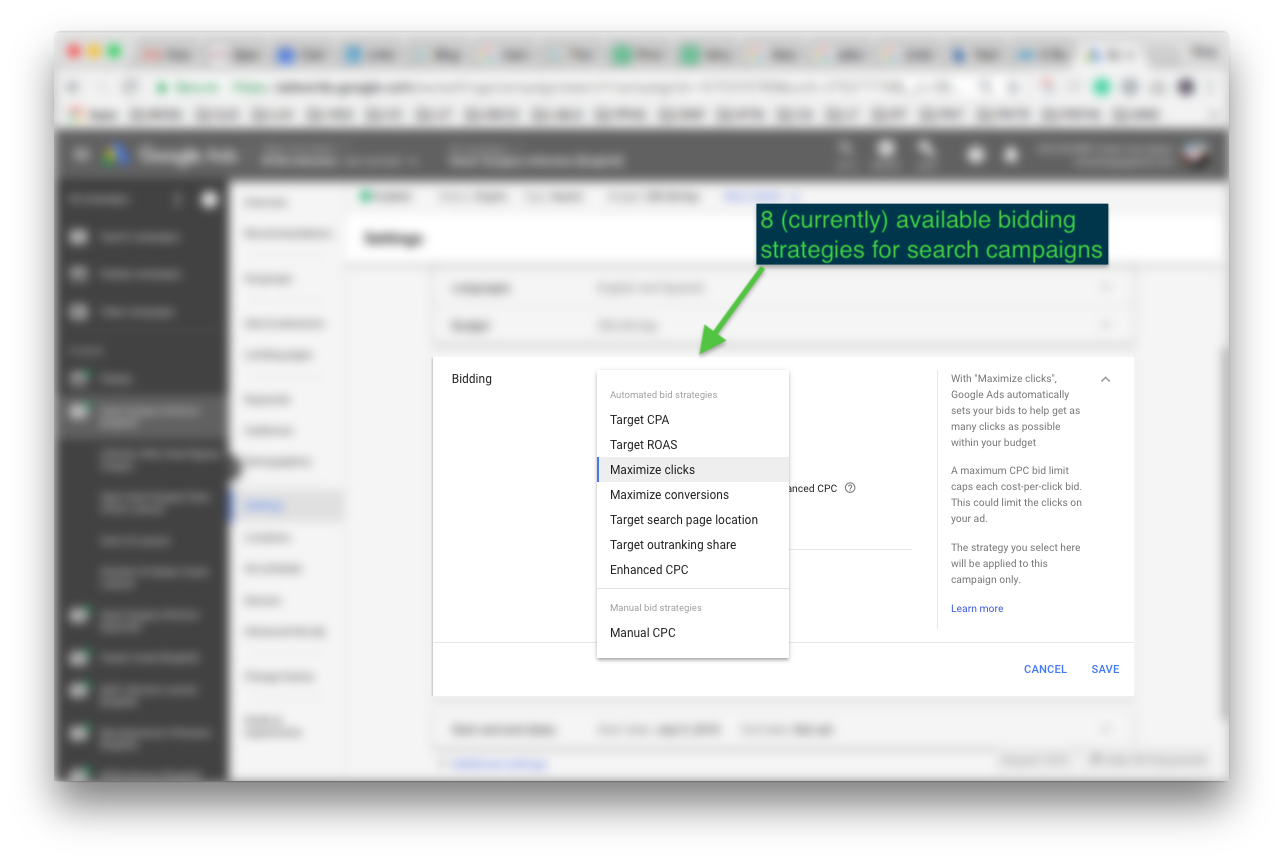 8 (currently) avaialble bidding strategies in Google Ads