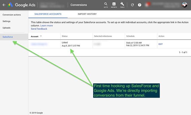 First time working with this connection between Google Ads and Salesforce. Each stage of their deal flow can be imported directly from SalesForce into Google Ads as a conversion, including the actual conversion $ amount. This is cool 💰⠀
⠀
#googleads