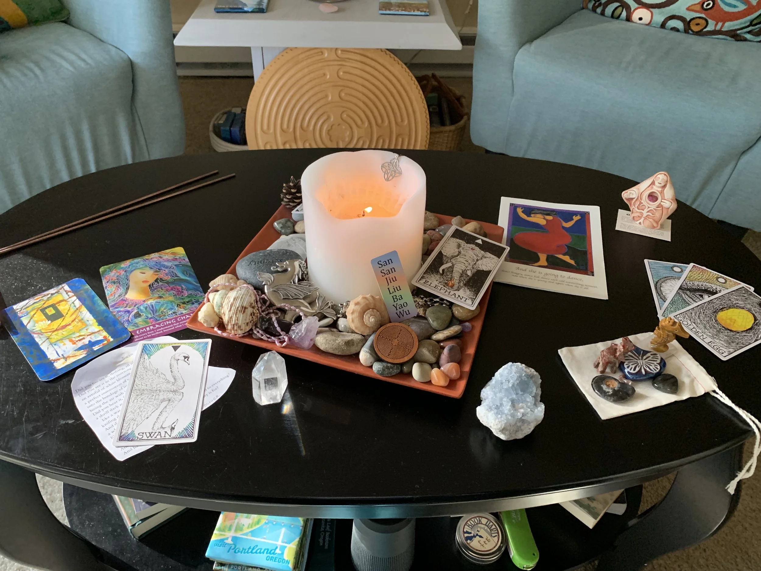 My Sojourn With Grief meditation table. It grew over time. This was close to the end of my time at home and close to leaving for Scotland, my first stop.