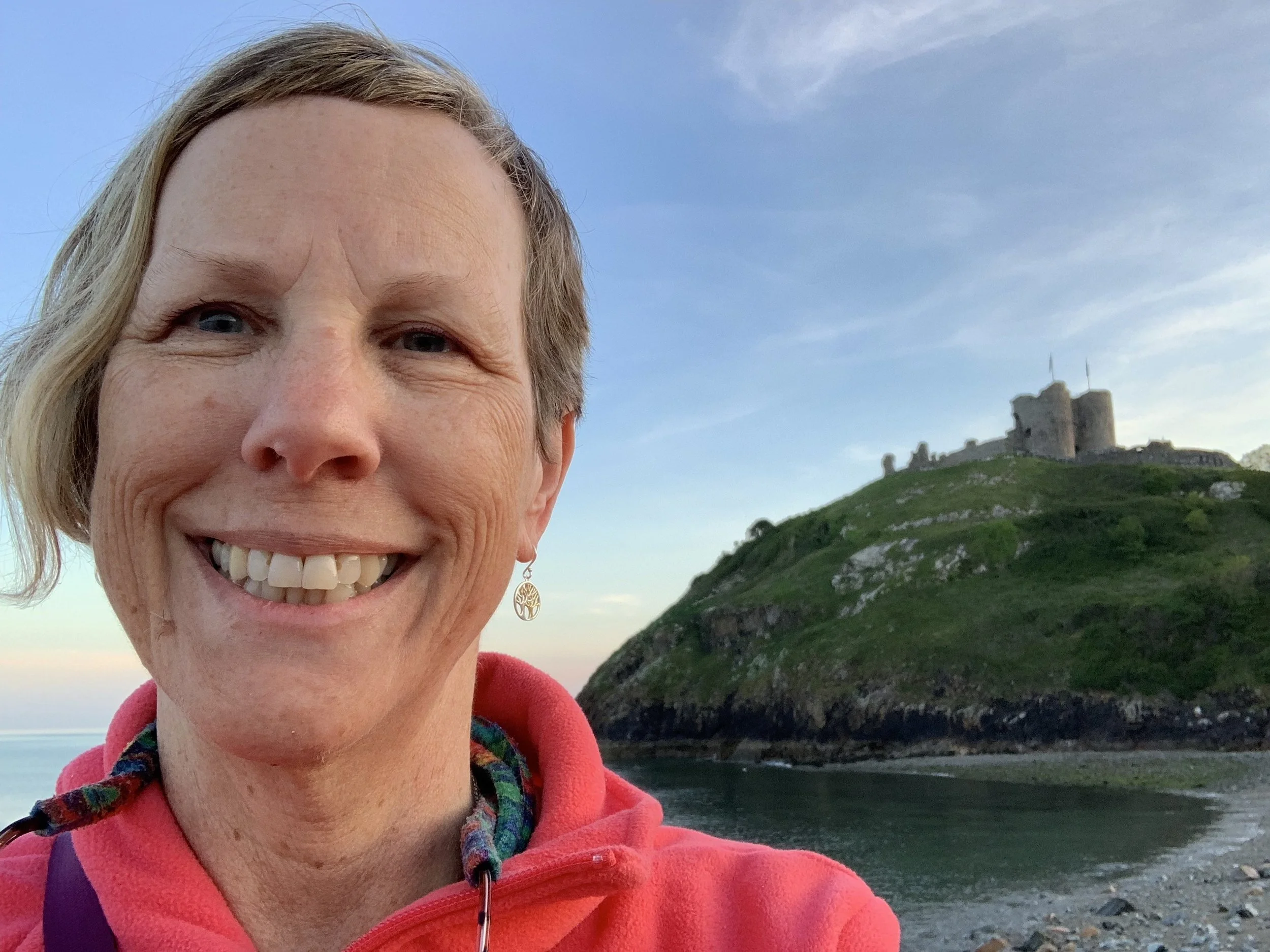 Relief at the end of the first day of driving. Criccieth Castle in the background.