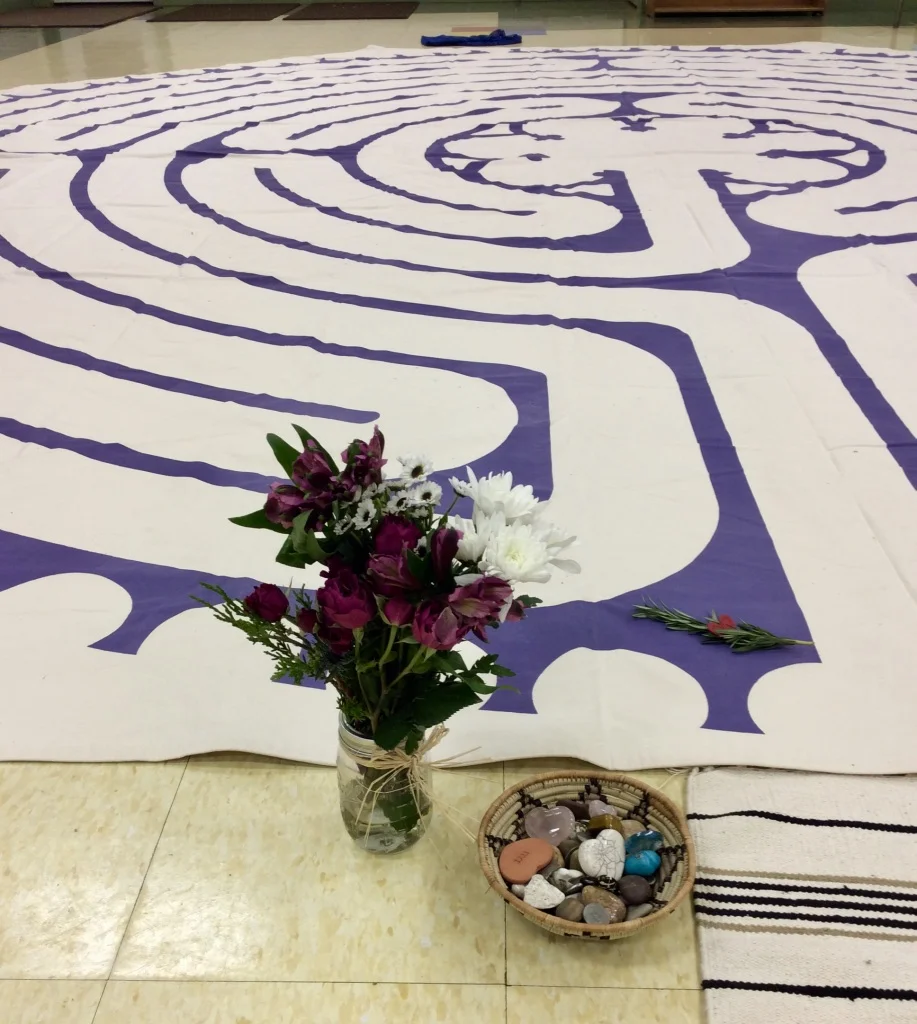 My 22’ modified Modified Chartres Canvas Labyrinth inviting participants to walk with their grief and loss