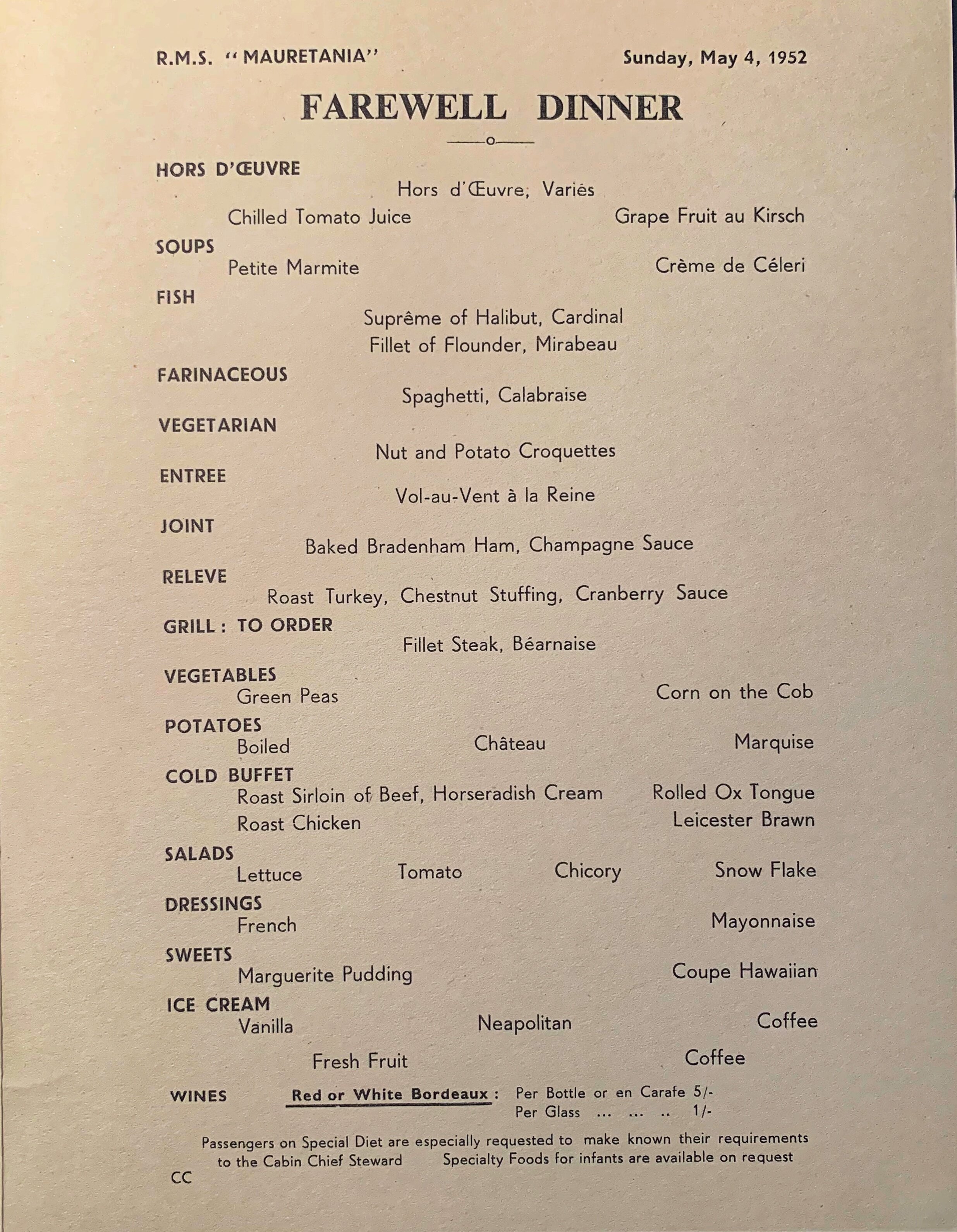 Menu from my parent’s Transatlantic voyage in 1952 on the R.M.S Mauretania when they immigrated from England.