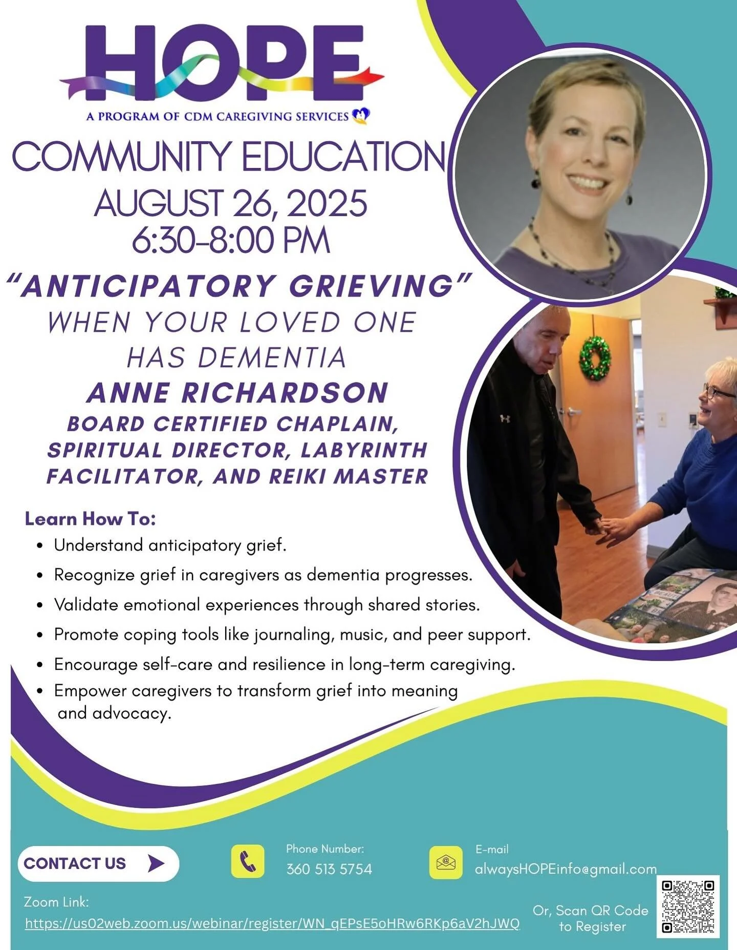 Honored to be presenting on Anticipatory Grief for HOPE Dementia Support Tuesday August 26th from 6:30-8:00pm PT. If you are supporting a person with dementia or supporting someone who is supporting a person with dementia, this presentation will offe
