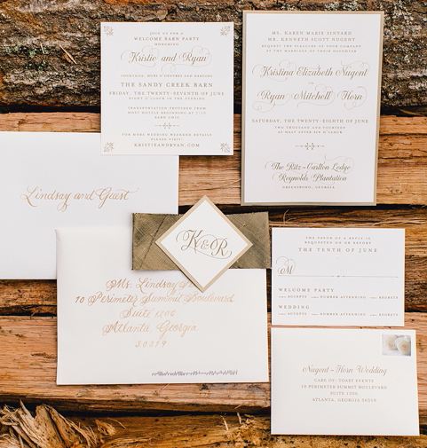 Calligraphy by Dede Adams Calligraphy; Ritz Carlton Lake Oconee Wedding, Photo by Vue Photography