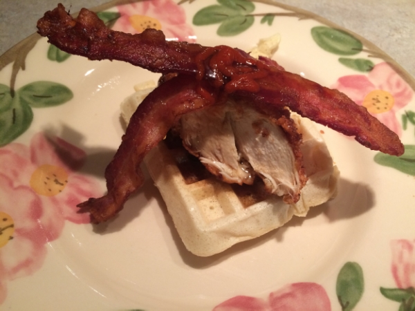 The ultimate chicken and waffle topped with bacon! 