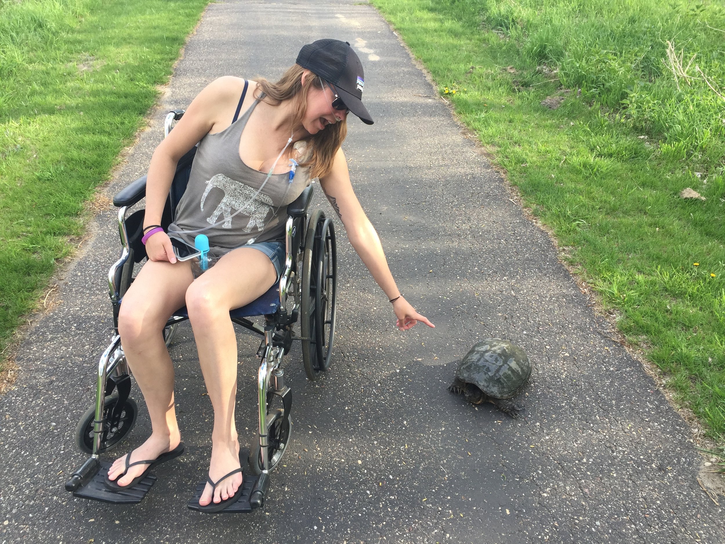 We ran into a turtle on our roll n' stroll, she tried to boop his nose. 
