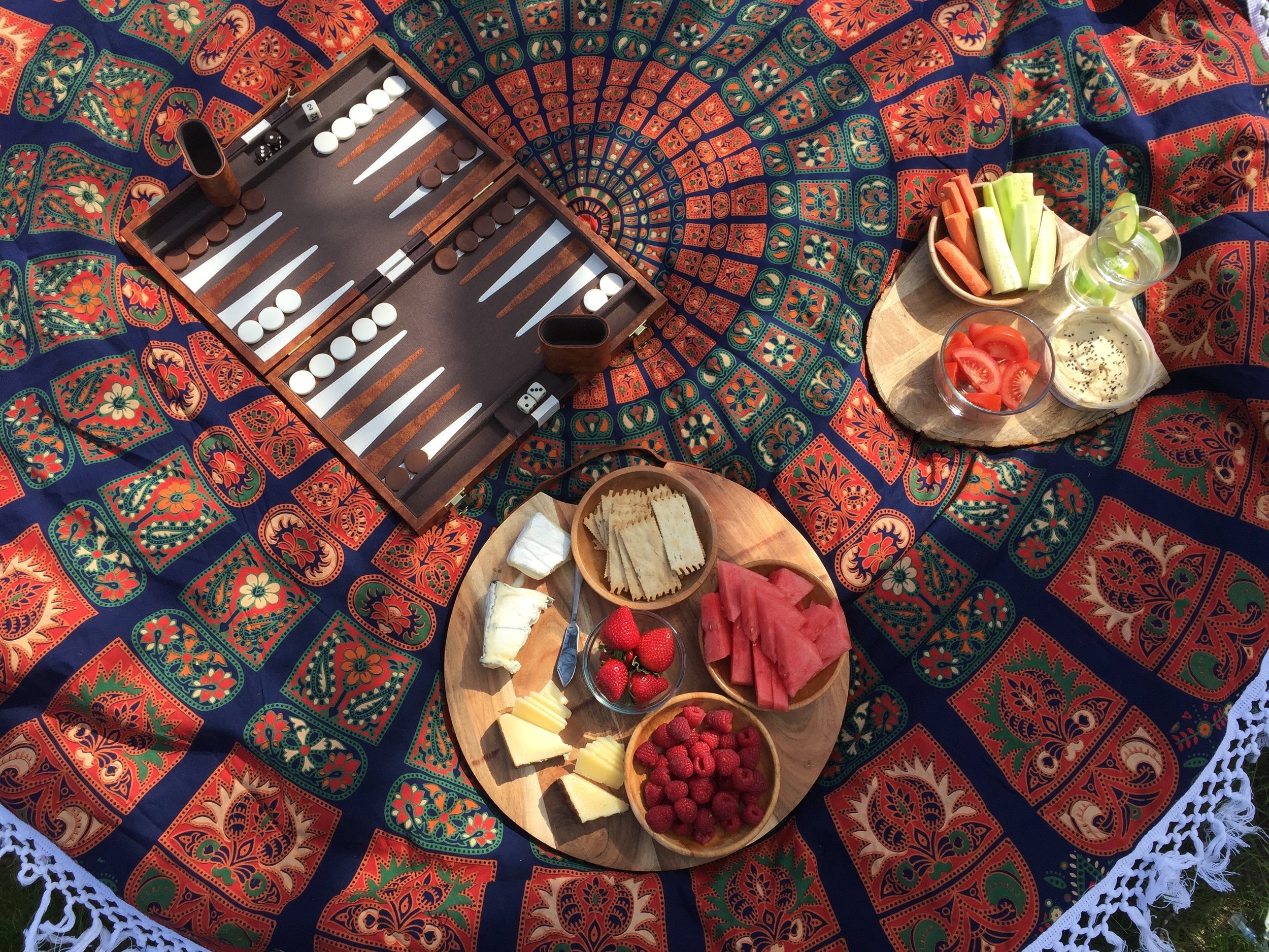 backyard picnic spread and backgammon 