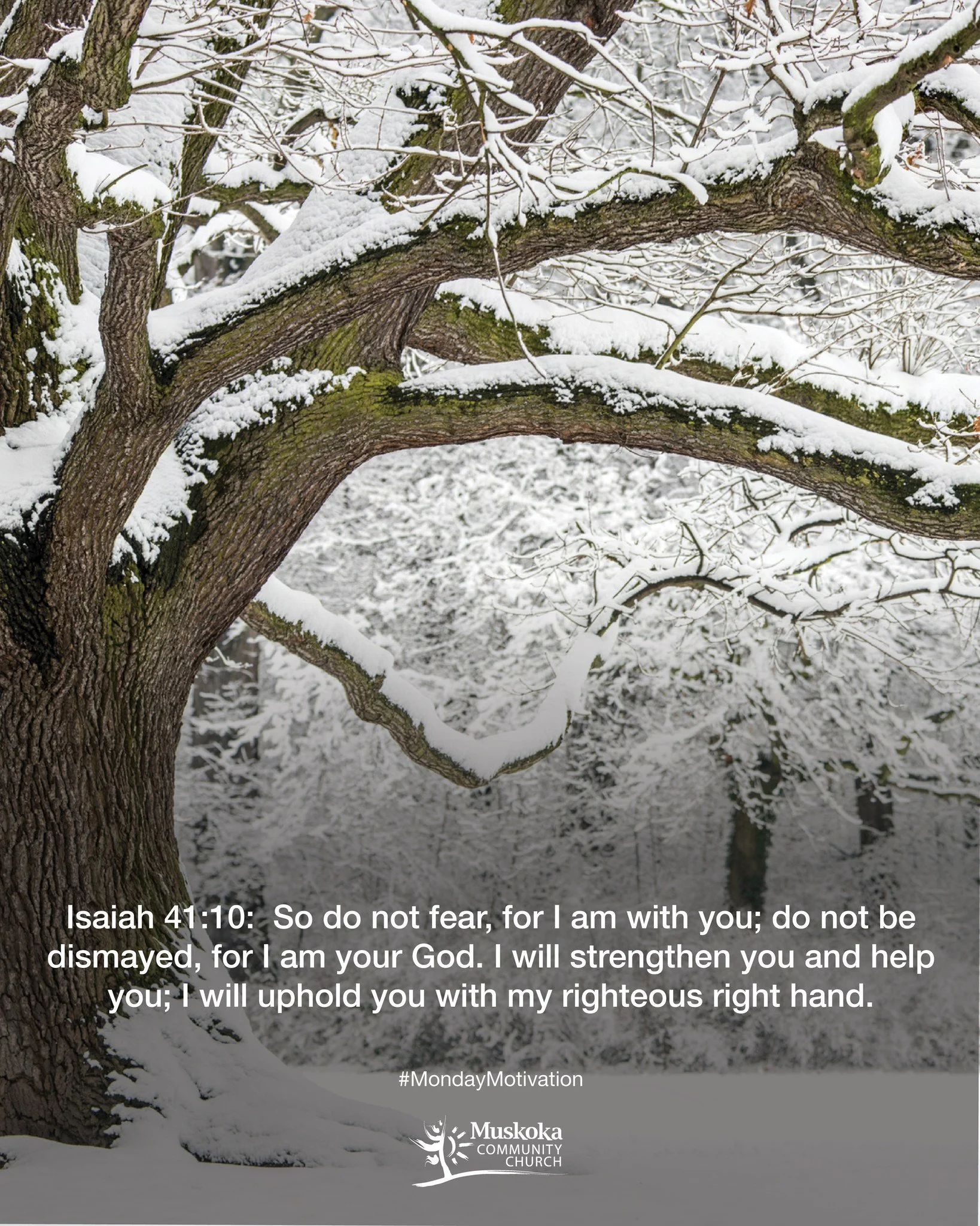 Isaiah 41:10:  So do not fear, for I am with you; do not be dismayed, for I am your God. I will strengthen you and help you; I will uphold you with my righteous right hand.

#MotivationMonday #MuskokaCommunityChurch #Muskoka #PortSydneyOntario