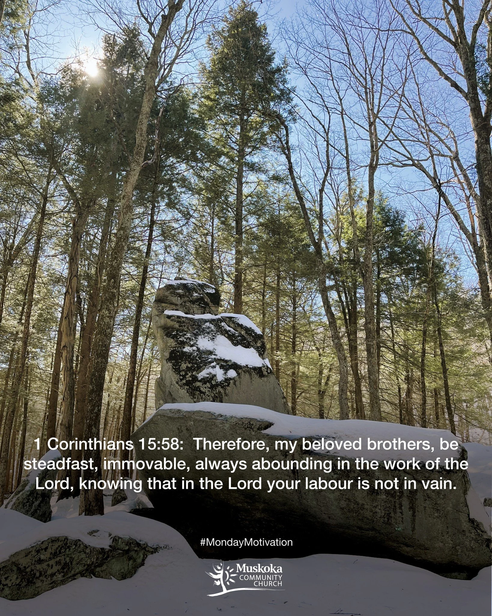 1 Corinthians 15:58:  Therefore, my beloved brothers, be steadfast, immovable, always abounding in the work of the Lord, knowing that in the Lord your labour is not in vain. 

#MotivationMonday #MuskokaCommunityChurch #Muskoka #PortSydneyOntario