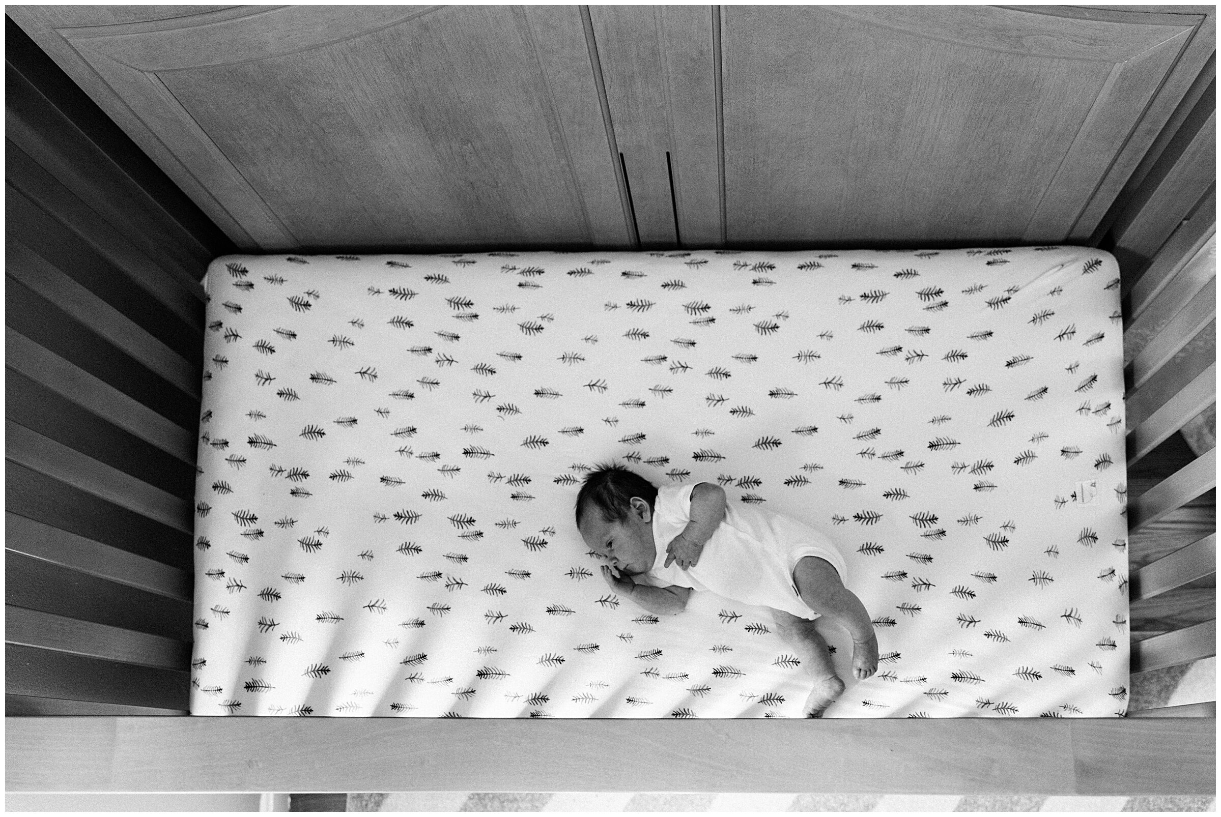 Newborn baby in his crib