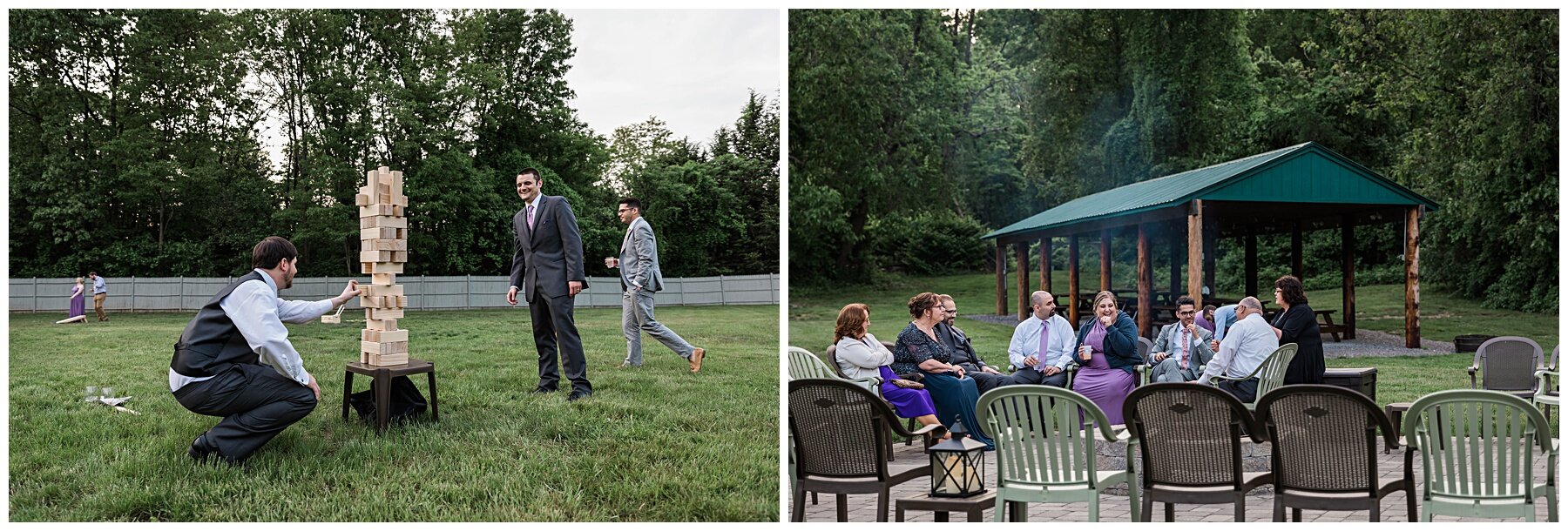 yard games and fire pit at wedding reception