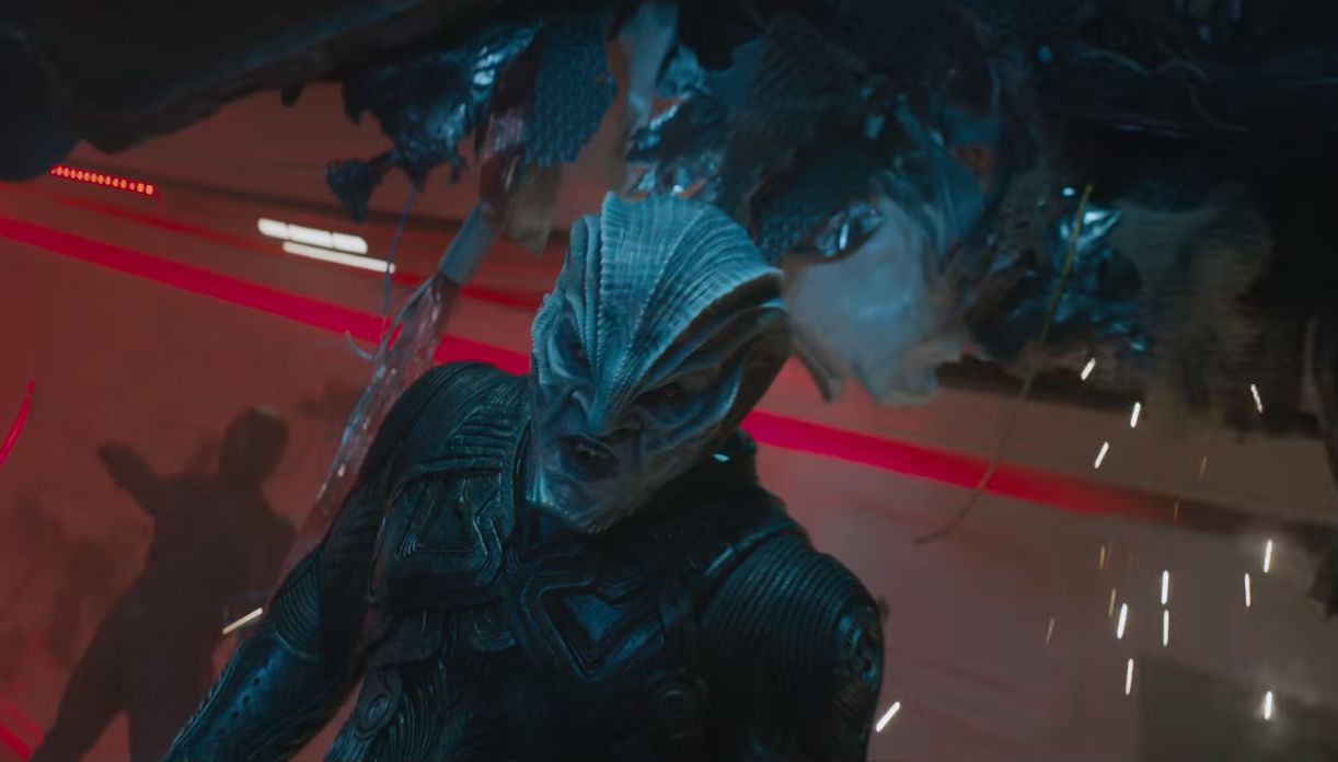 That is indeed Idris Elba under all that heavy prothesis and makeup as the villainous Krall, destroyer of the Enterprise and aiming for a bigger target: The Federation itself. 