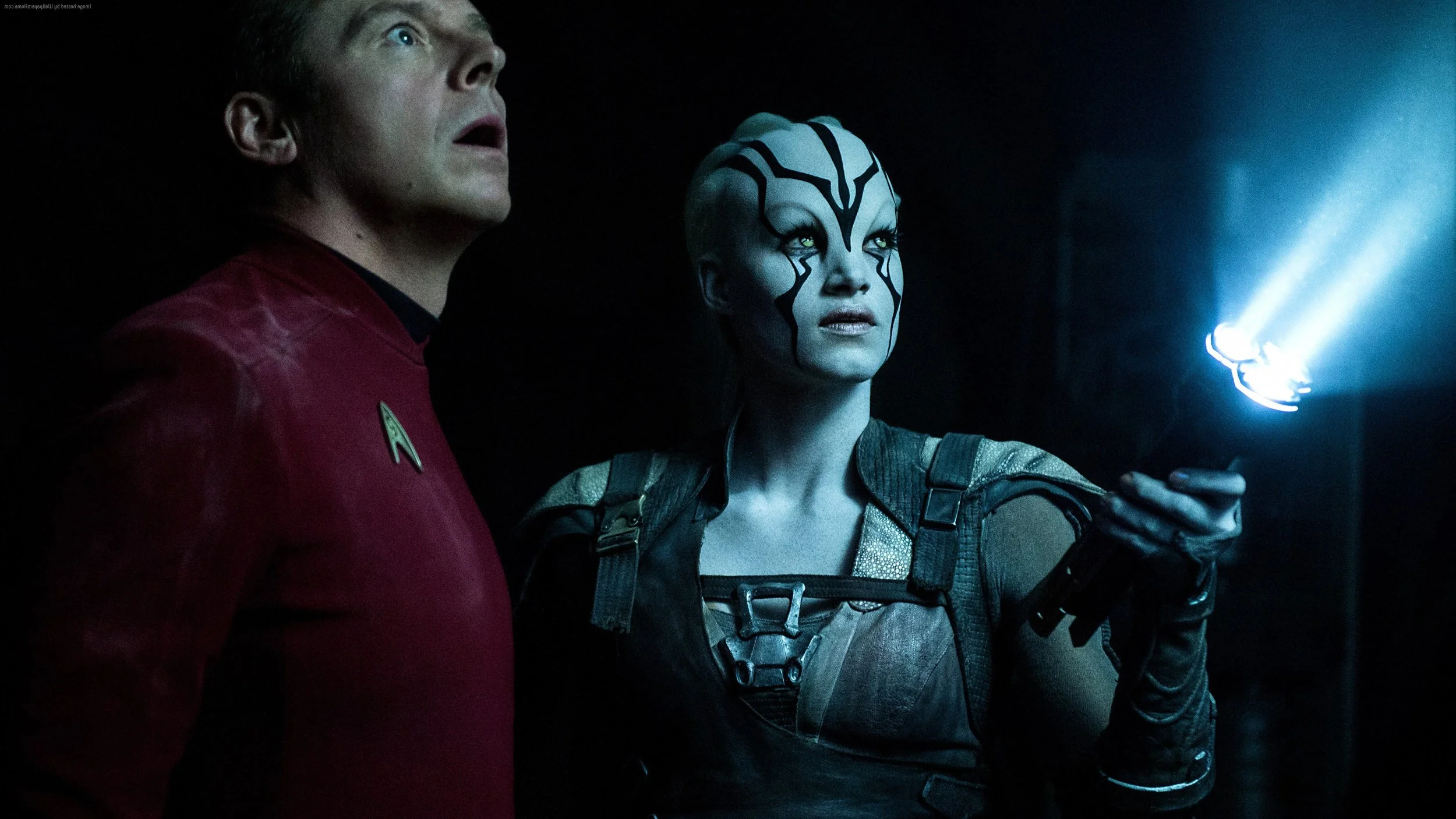 SImon Pegg (left) has excellent chemistry as Scotty with Sofia Boutella's Jaylah (right) as they both share a kindred appreciation for engineering. 